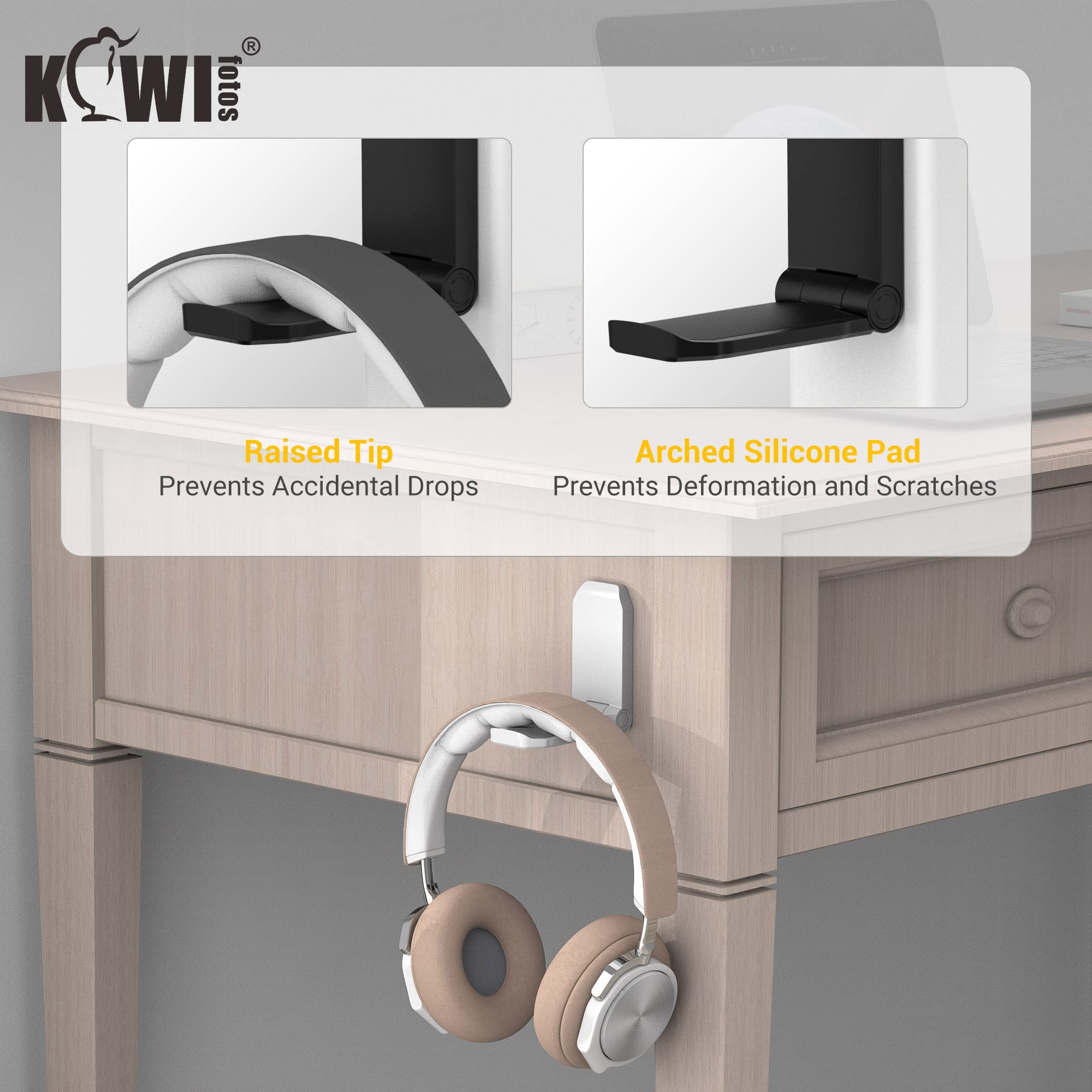 KIWIFOTOS KIWIFOTOS 2 Pack Adhesive Desk Headphone Hanger PC Gaming Headset Holder Wall Mount Foldable Under Desk Hook White - View 3 of 9