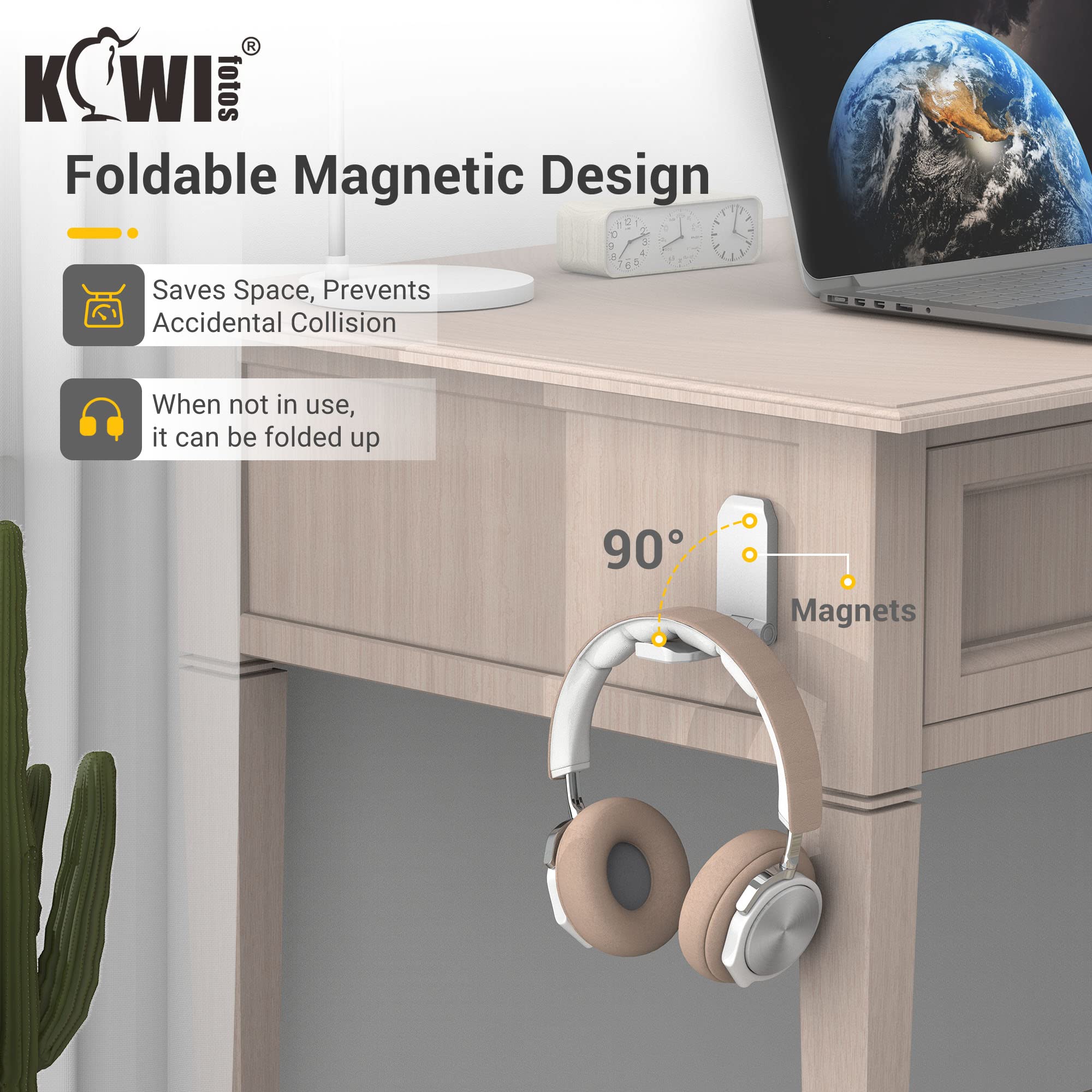 KIWIFOTOS KIWIFOTOS 2 Pack Adhesive Desk Headphone Hanger PC Gaming Headset Holder Wall Mount Foldable Under Desk Hook White - View 4 of 9