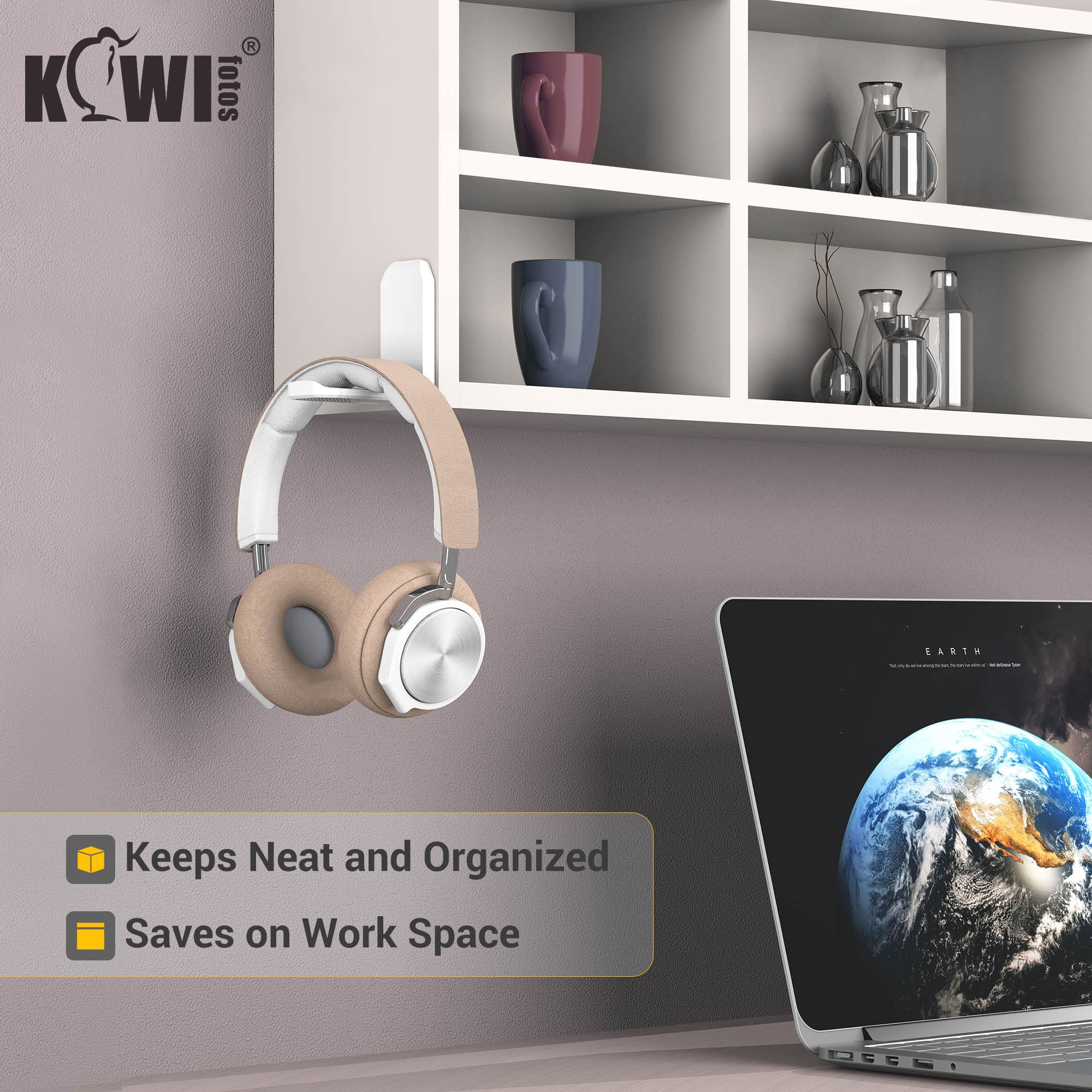 KIWIFOTOS KIWIFOTOS 2 Pack Adhesive Desk Headphone Hanger PC Gaming Headset Holder Wall Mount Foldable Under Desk Hook White - View 5 of 9