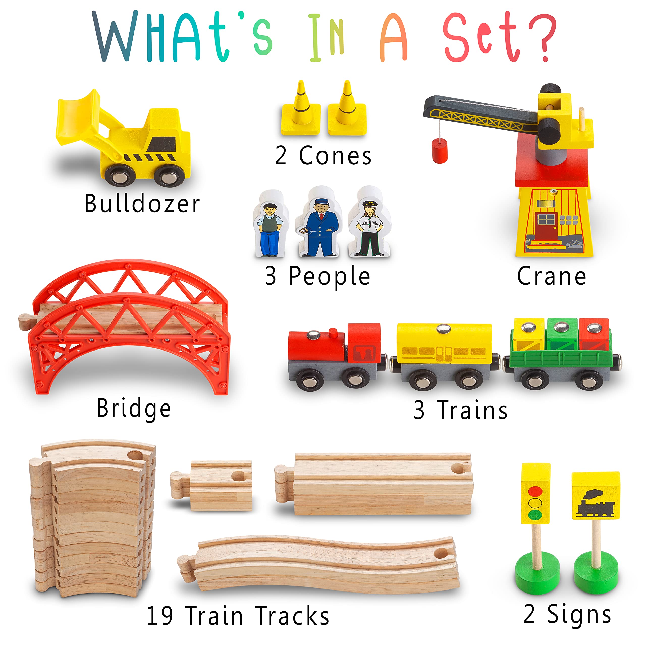 Kipipol KipiPol Wooden Train Set 38 Pcs for Toddlers with Crane Bridge and Tracks Ideal Train Toys for Boys and Girls Ages 2 to 7 - View 2 of 9