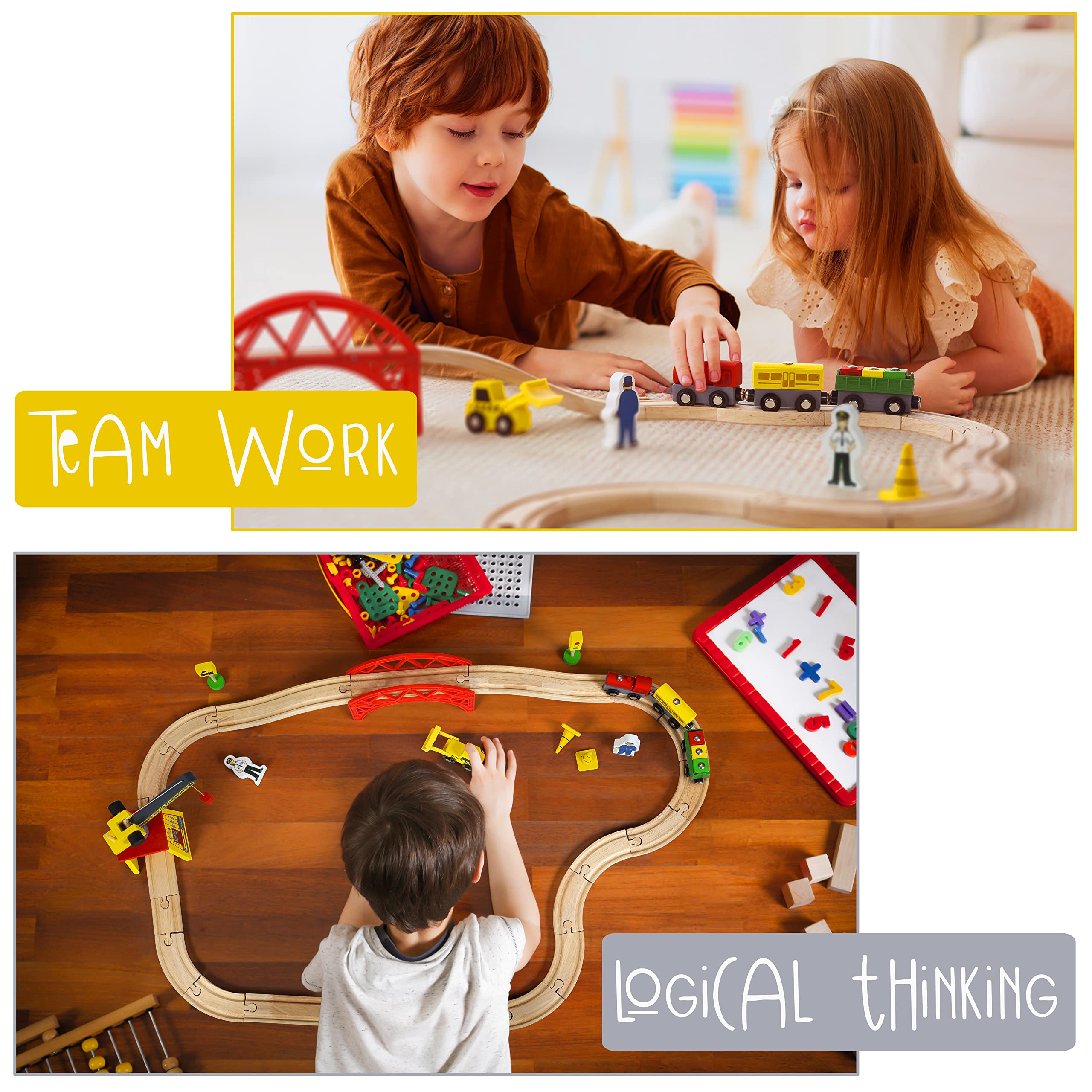 Kipipol KipiPol Wooden Train Set 38 Pcs for Toddlers with Crane Bridge and Tracks Ideal Train Toys for Boys and Girls Ages 2 to 7 - View 4 of 9