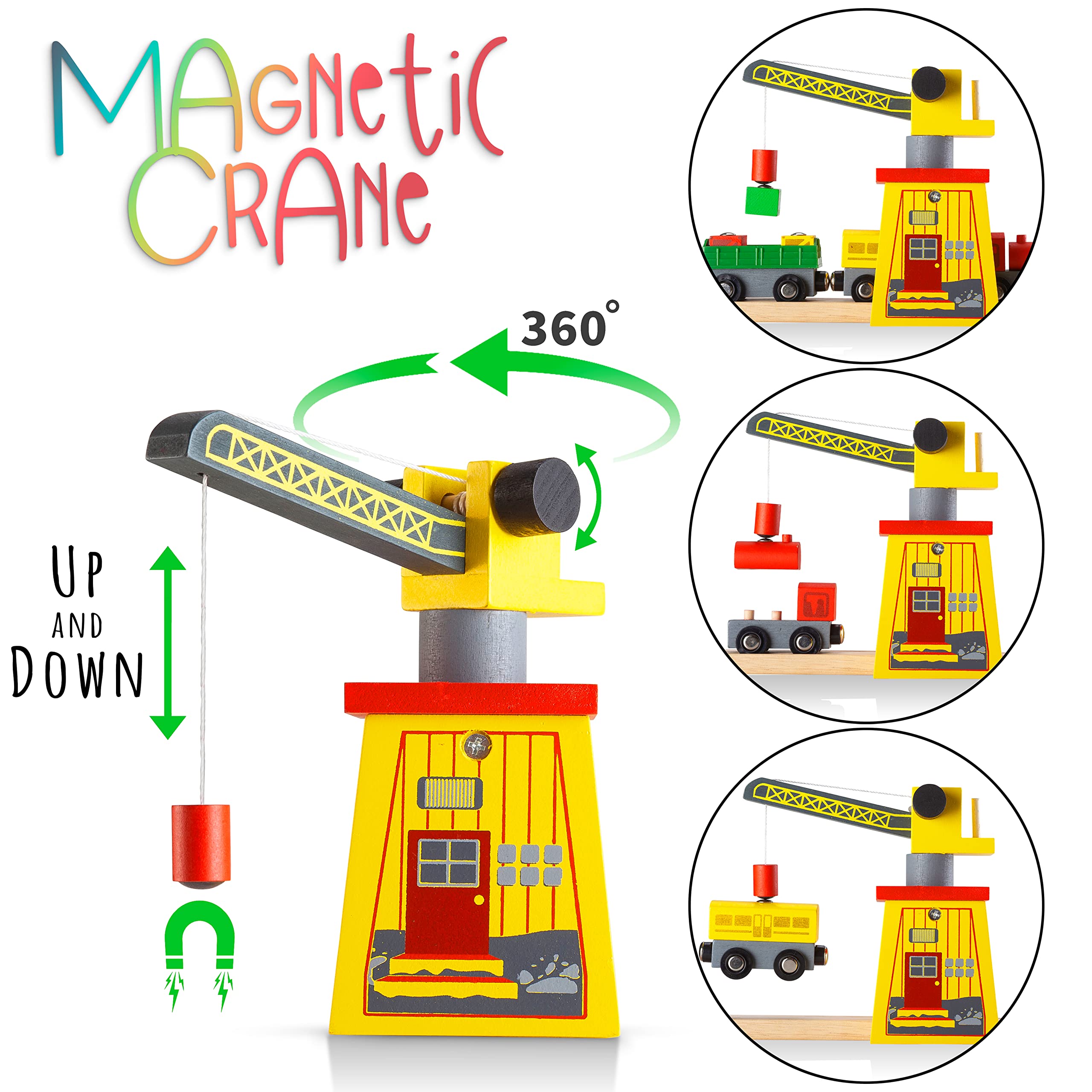 Kipipol KipiPol Wooden Train Set 38 Pcs for Toddlers with Crane Bridge and Tracks Ideal Train Toys for Boys and Girls Ages 2 to 7 - View 5 of 9