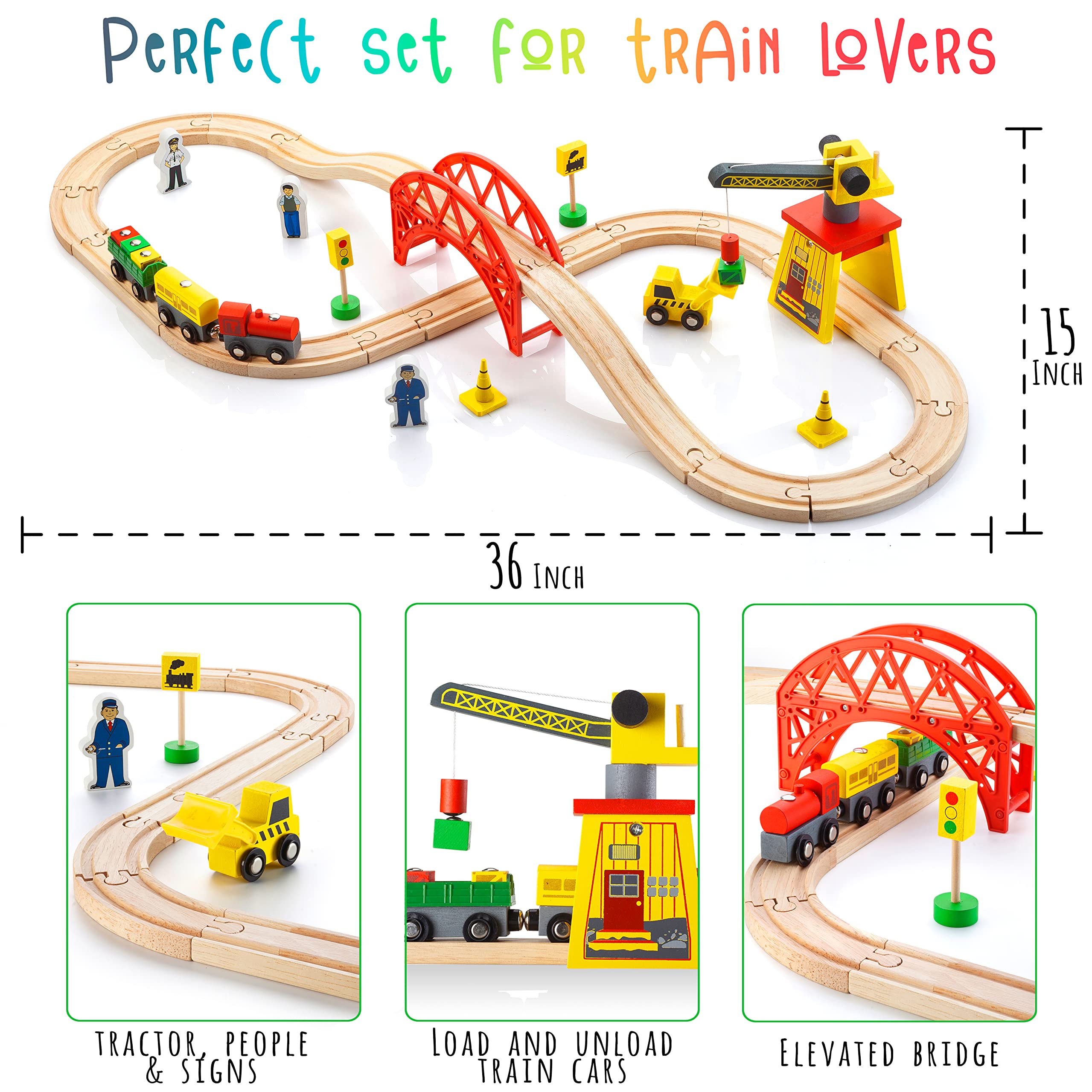 Kipipol KipiPol Wooden Train Set 38 Pcs for Toddlers with Crane Bridge and Tracks Ideal Train Toys for Boys and Girls Ages 2 to 7 - View 7 of 9