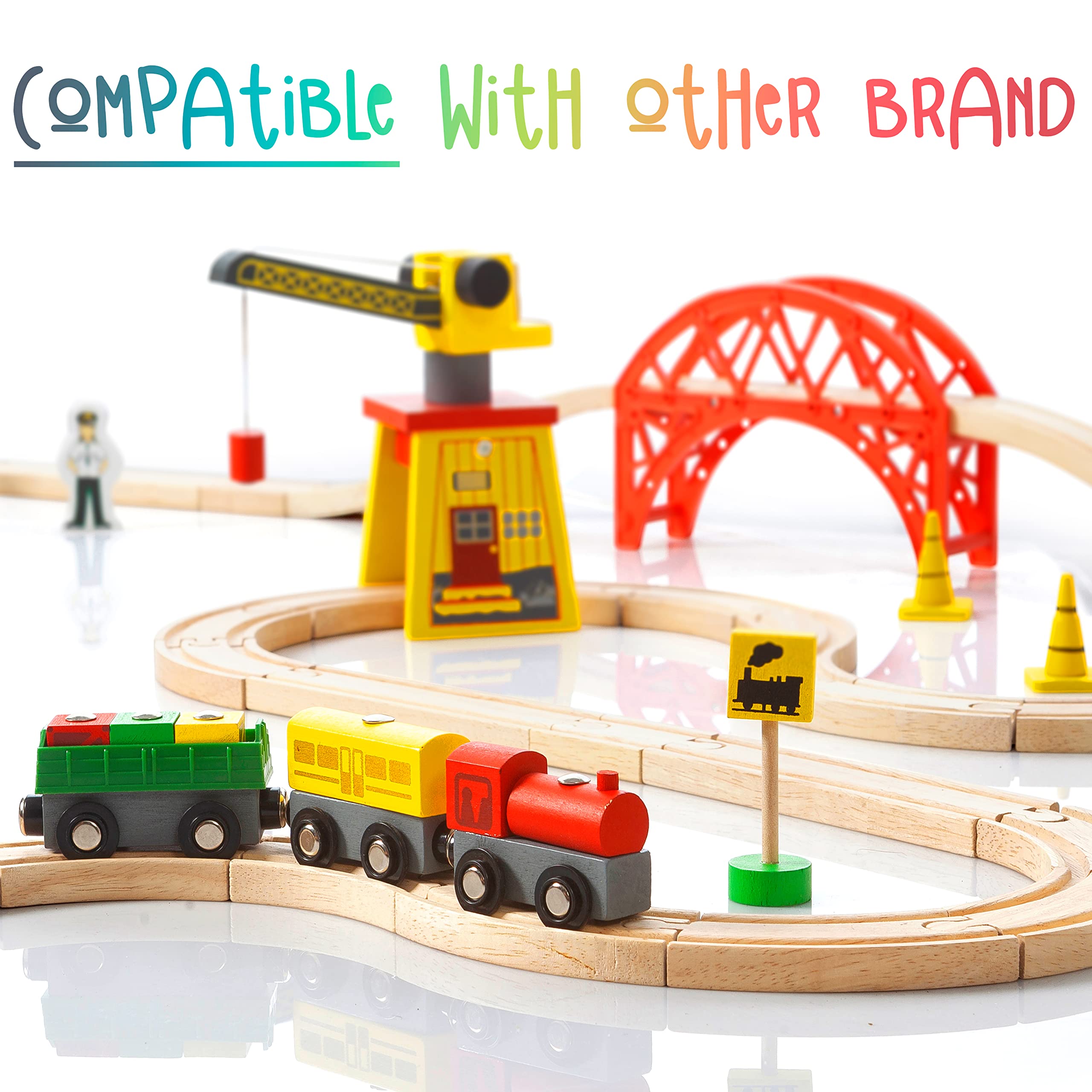 Kipipol KipiPol Wooden Train Set 38 Pcs for Toddlers with Crane Bridge and Tracks Ideal Train Toys for Boys and Girls Ages 2 to 7 - View 9 of 9