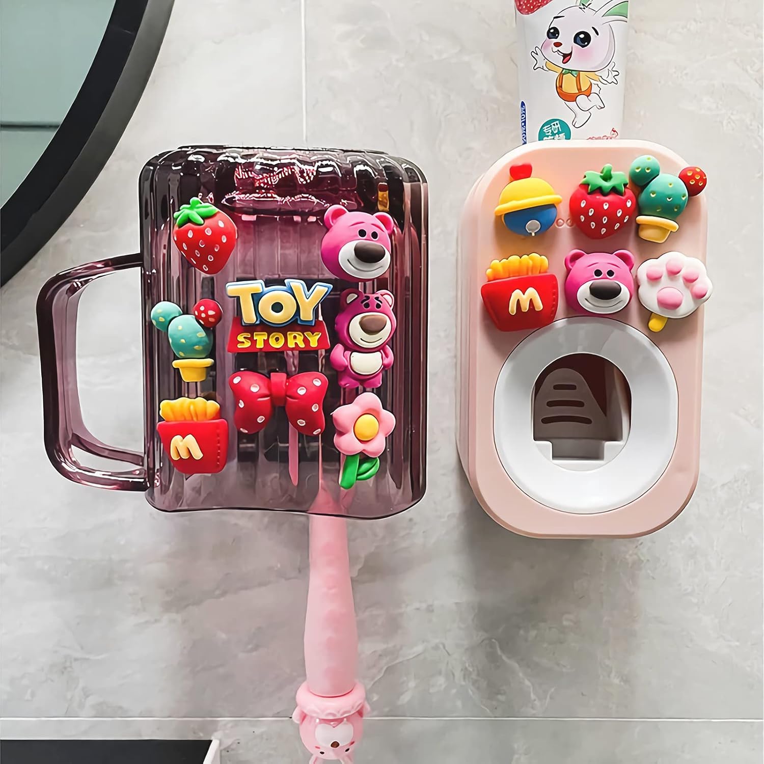 Mr. Thumbs Automatic Toothpaste Dispenser and Wall Mounted Cup Set for Kids and Family Bathroom Use by Mr Thumbs Pink 3 Piece Set
