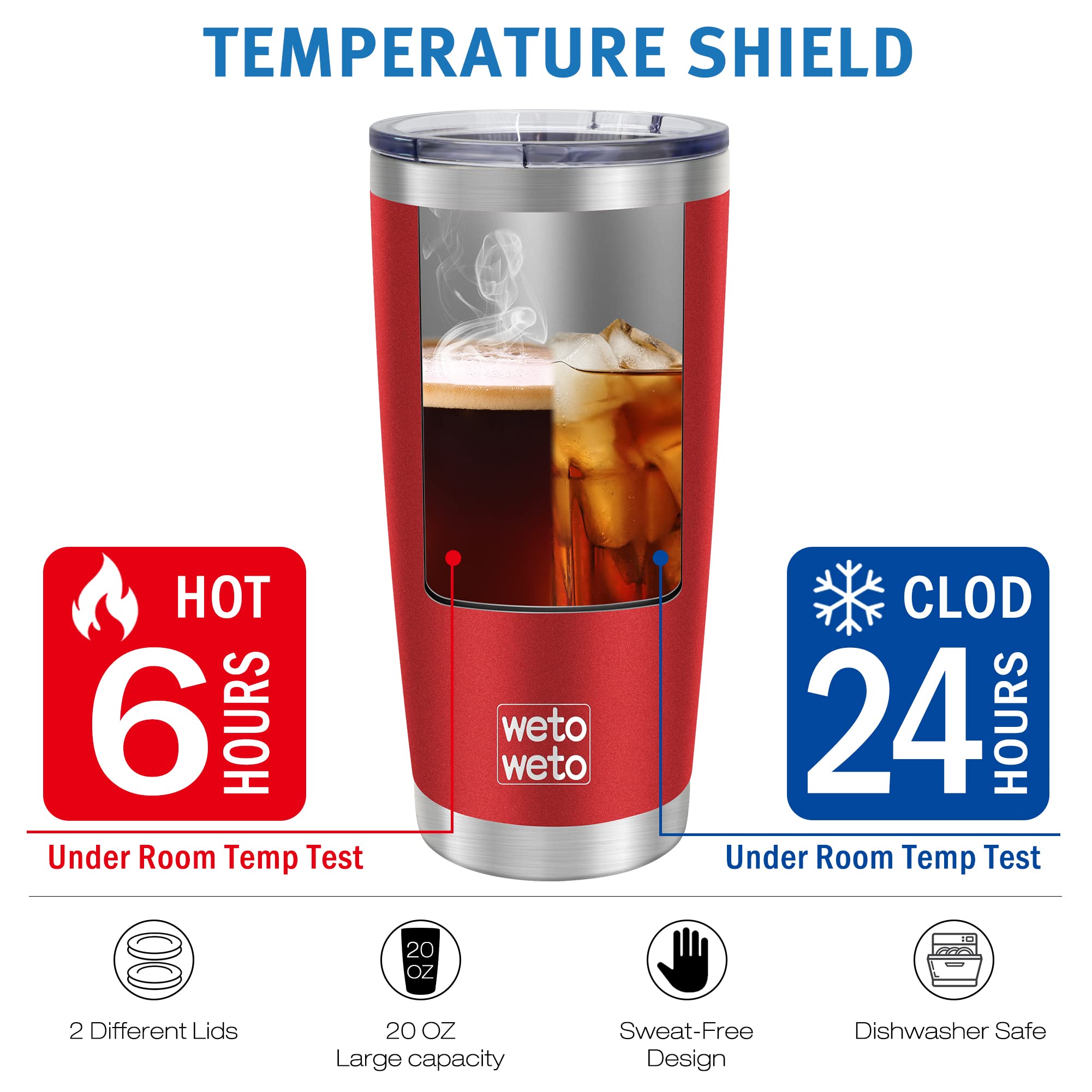 WETOWETO WETOWETO 20oz Stainless Steel Vacuum Insulated Tumbler Red Double Wall Travel Mug for Water and Coffee - View 5 of 7