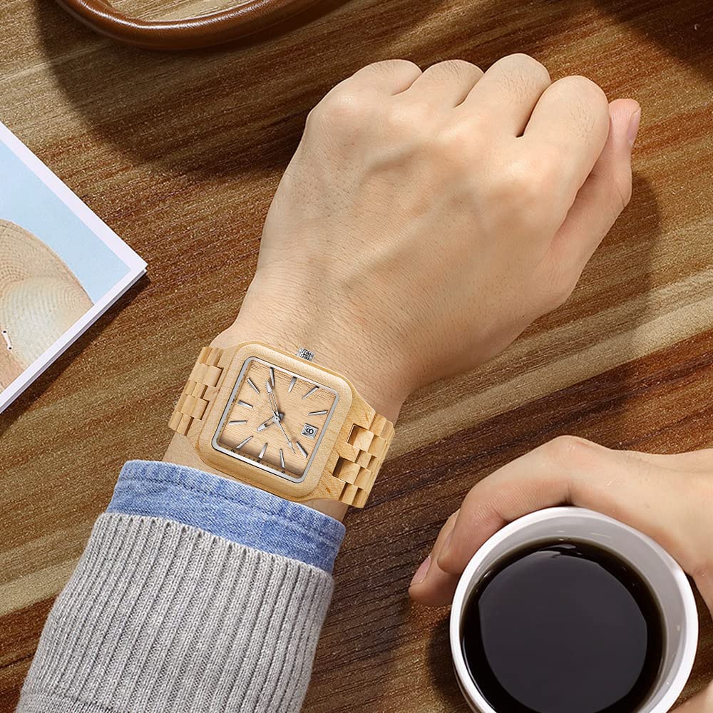 Dentily Dentily Men's Wooden Watch Rectangle Dial Quartz Movement Stylish Timepiece for Men - View 7 of 7
