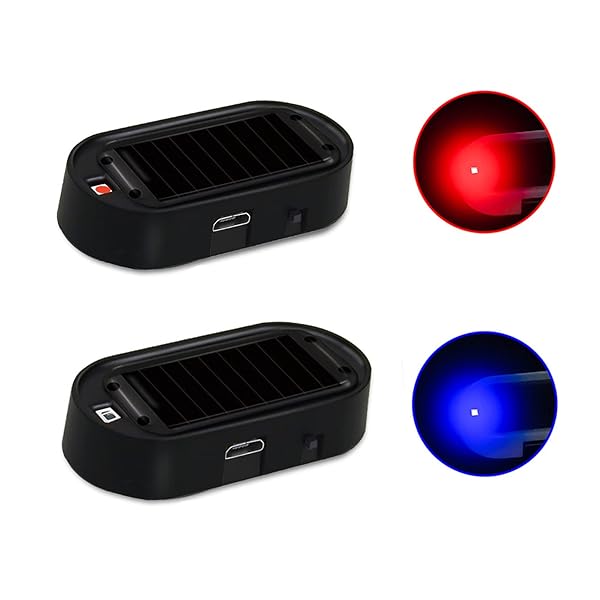 Anki HappiGo ANKIA 2PCS Solar Power Fake Car Alarm LED Light, Simulated Dummy Warning Anti-Theft LED Flashing Security Light, Car Alarm System Lamp with USB Port, Blue &amp; Red Light (Black)