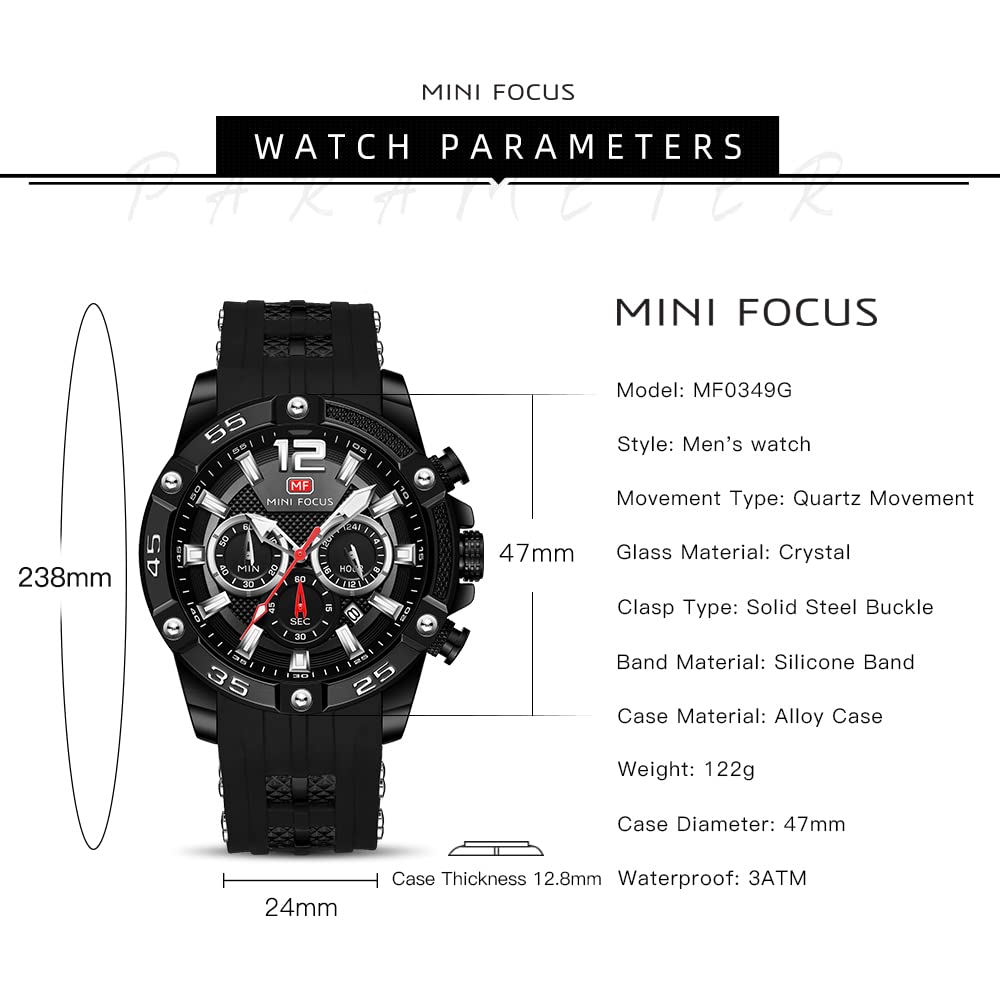MF MINI FOCUS MF MINI FOCUS Men Watch Chronograph Waterproof Sport Analog Quartz Red Silicon Strap Fashion Wristwatch for Men - View 5 of 6