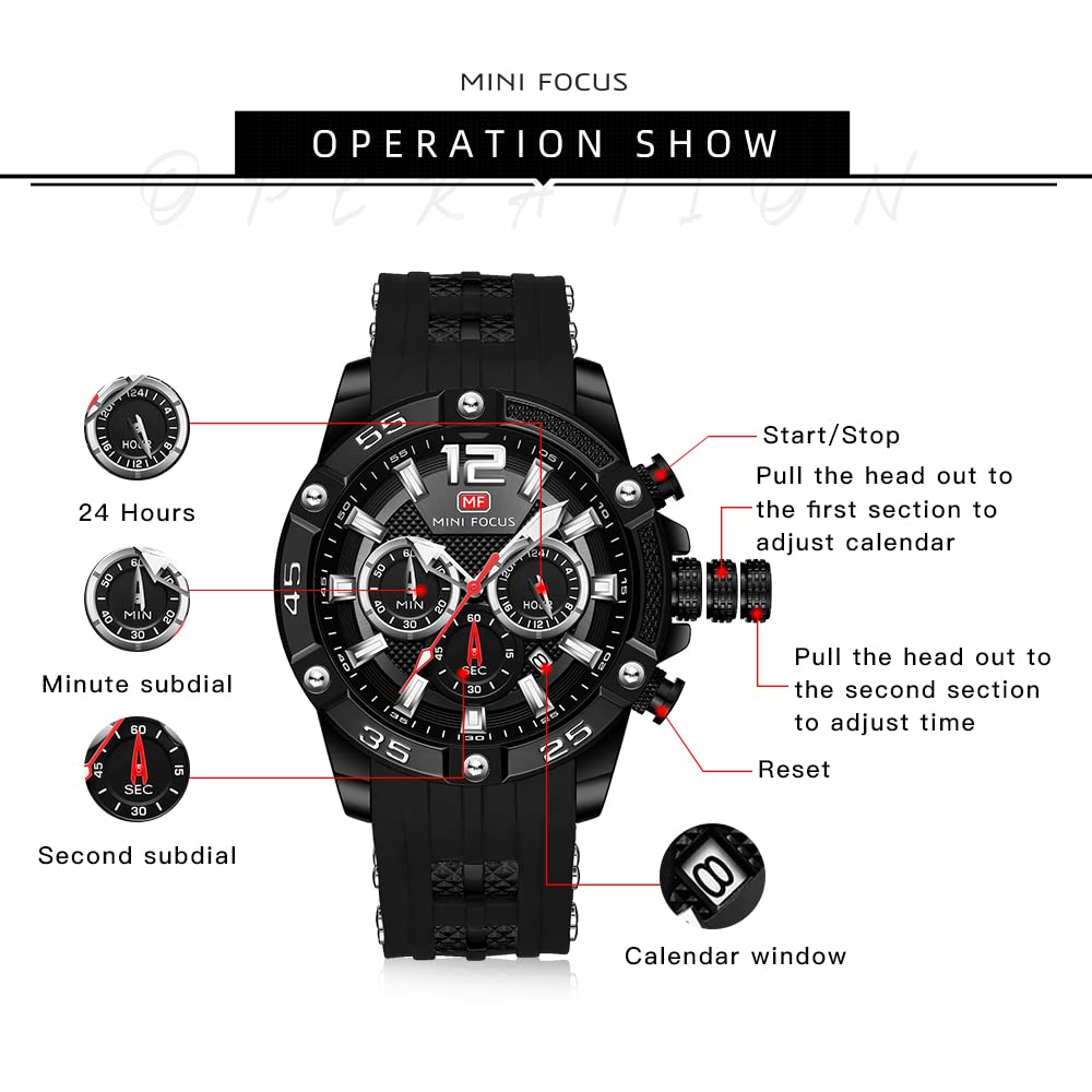 MF MINI FOCUS MF MINI FOCUS Men Watch Chronograph Waterproof Sport Analog Quartz Red Silicon Strap Fashion Wristwatch for Men - View 6 of 6