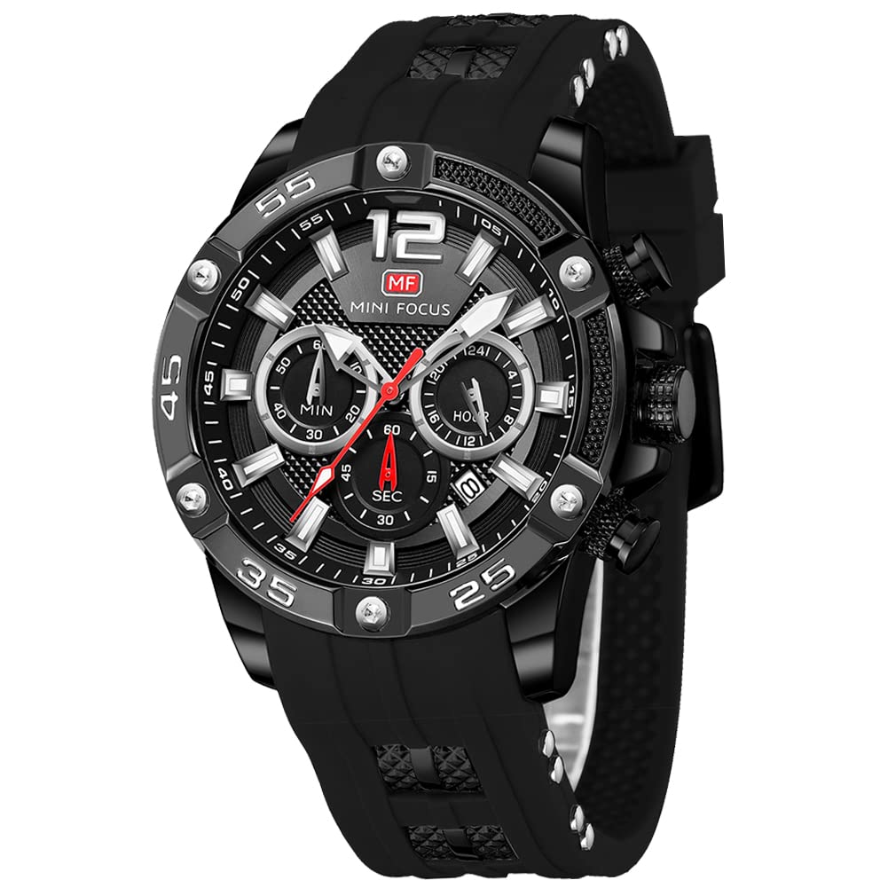 MF MINI FOCUS MF MINI FOCUS Men Watch Chronograph Waterproof Sport Analog Quartz Red Silicon Strap Fashion Wristwatch for Men