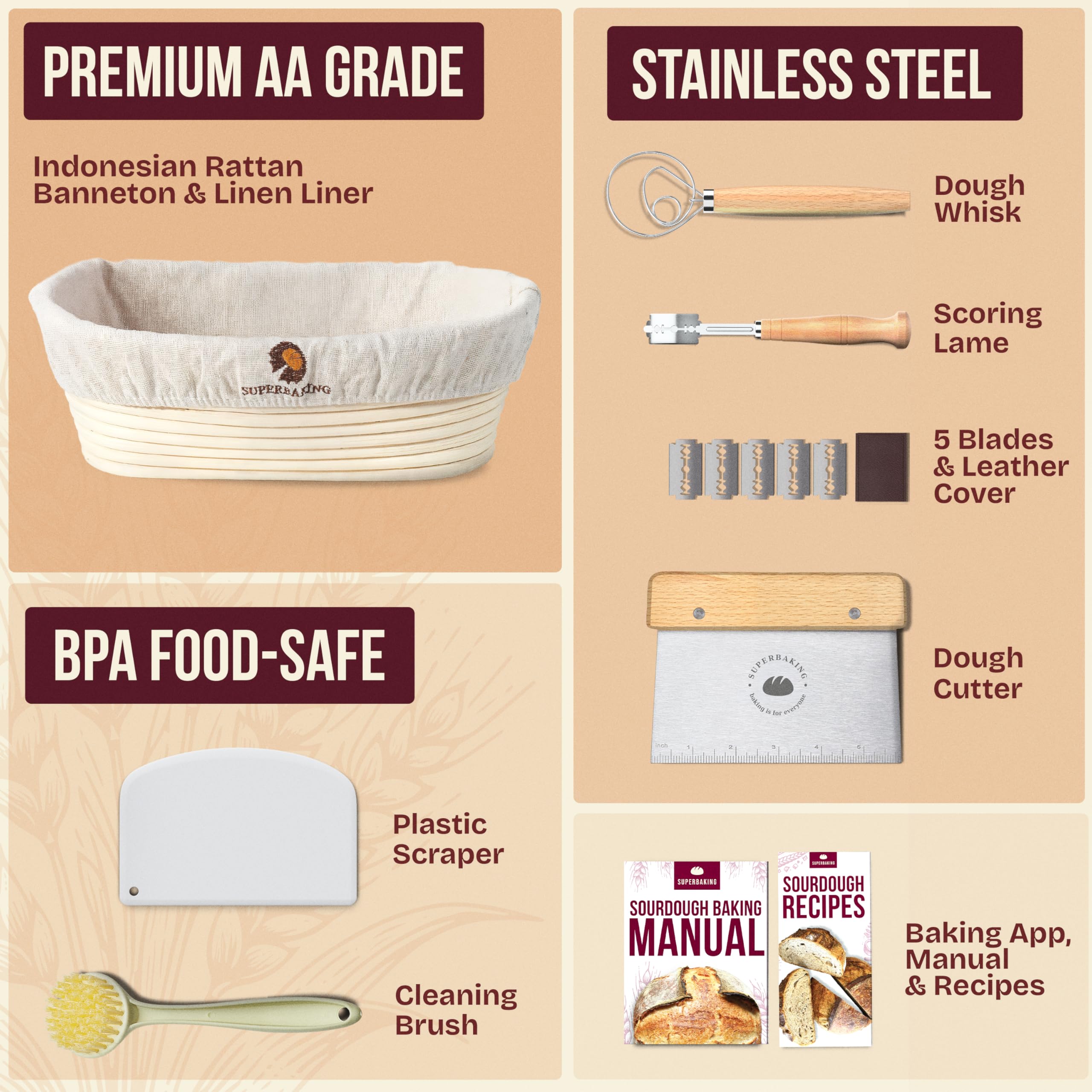 Superbaking Superbaking 10 Inch Oval Banneton Bread Proofing Basket Set for Artisan Bread Making and Baking Supplies Gifts for Bakers - View 2 of 9