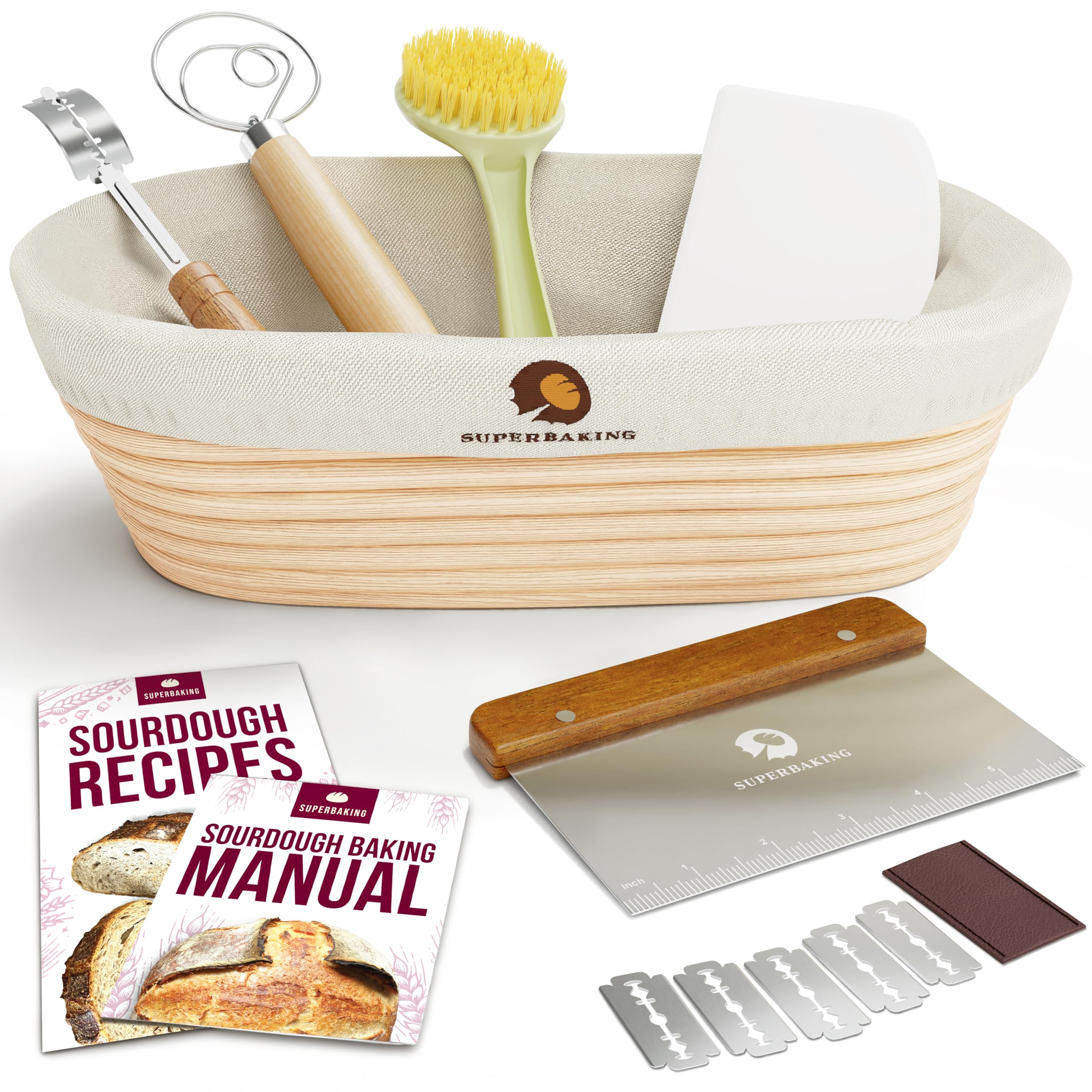 Superbaking Superbaking 10 Inch Oval Banneton Bread Proofing Basket Set for Artisan Bread Making and Baking Supplies Gifts for Bakers