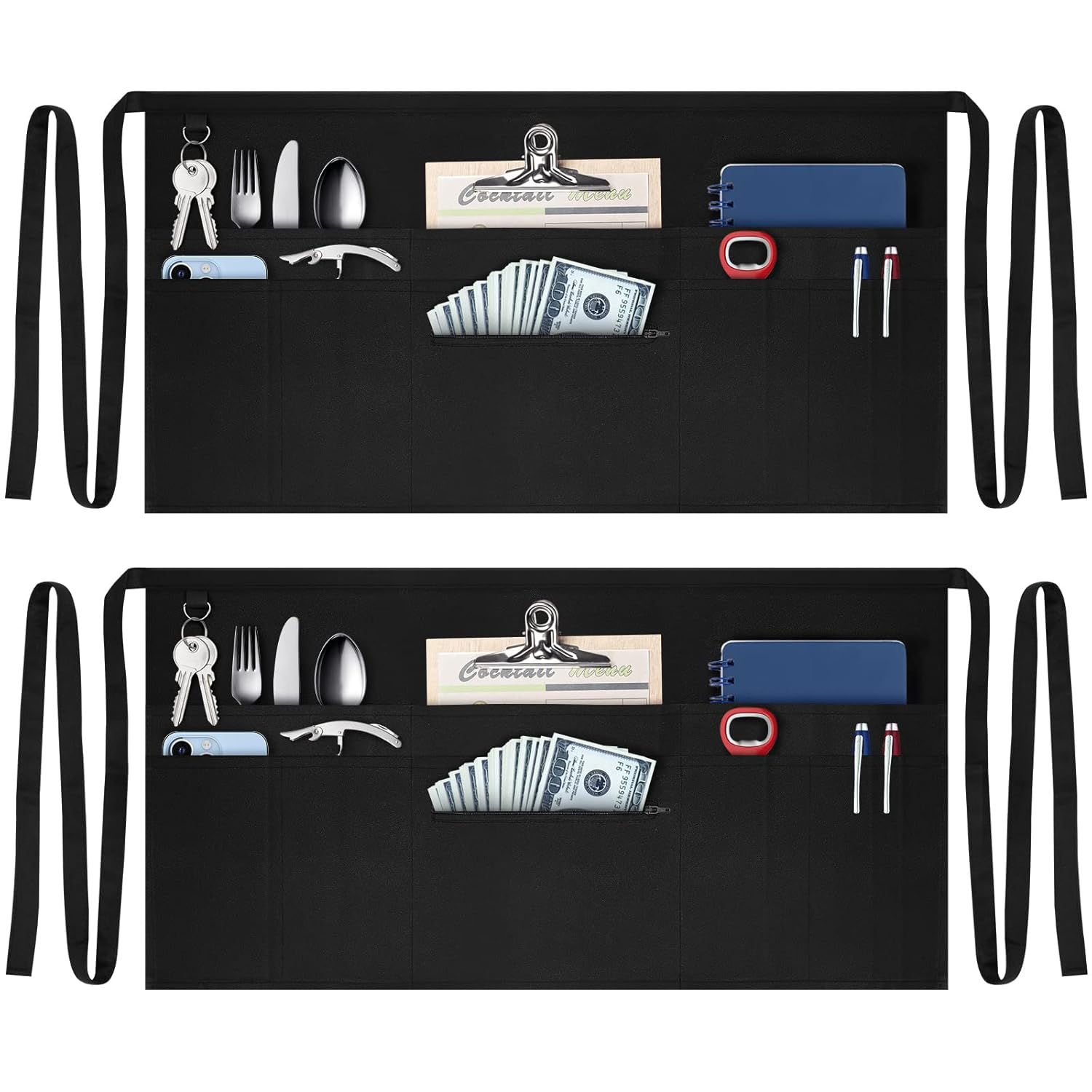 NLUS NLUS Server Aprons 8 Pockets Water Oil Stain Resistant Bistro Apron for Women Men 24 X 12 inch 2 Pack