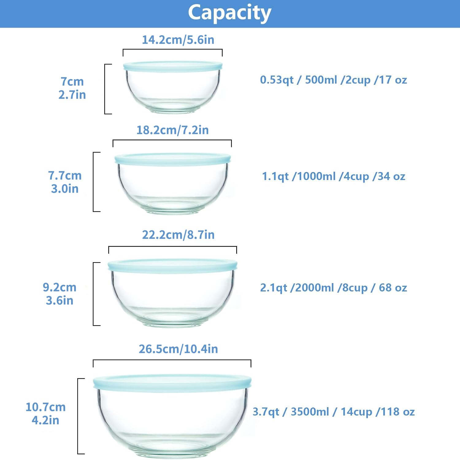 WhiteRhino WhiteRhino 8 Piece Glass Bowls Set with Lids Heat Resistant Mixing Bowls Clear Salad Bowls BAP Free Dishwasher Safe Kitchen Essentials - View 2 of 9