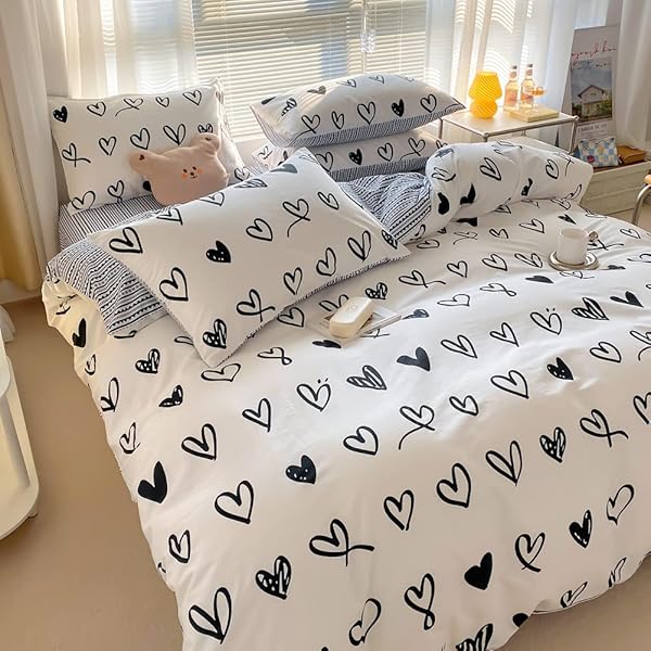 BlueBlue BlueBlue Hearts Kids Duvet Cover Set Twin 100 Cotton Bedding for Boys Girls Teens Cartoon Kawaii Black White Heart Love Pattern - View 4 of 9