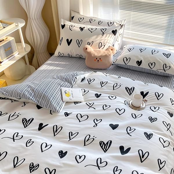 BlueBlue BlueBlue Hearts Kids Duvet Cover Set Twin 100 Cotton Bedding for Boys Girls Teens Cartoon Kawaii Black White Heart Love Pattern - View 6 of 9
