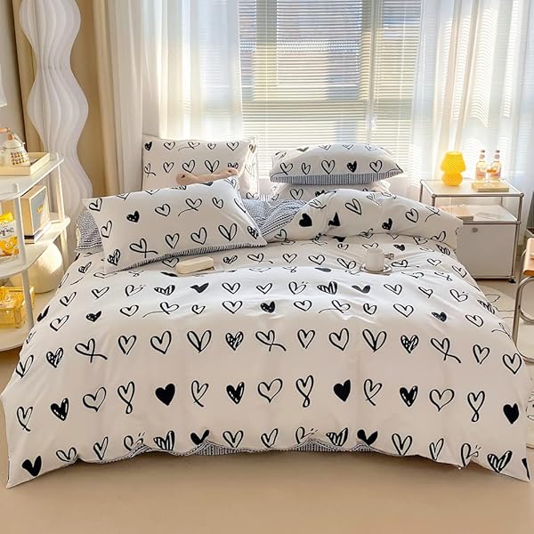 BlueBlue BlueBlue Hearts Kids Duvet Cover Set Twin 100 Cotton Bedding for Boys Girls Teens Cartoon Kawaii Black White Heart Love Pattern - View 9 of 9