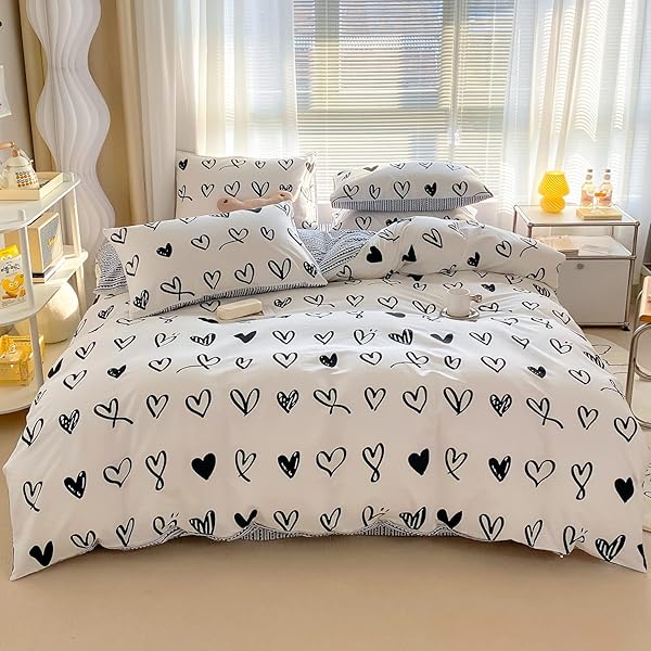 BlueBlue BlueBlue Hearts Kids Duvet Cover Set Twin 100 Cotton Bedding for Boys Girls Teens Cartoon Kawaii Black White Heart Love Pattern - View 3 of 9
