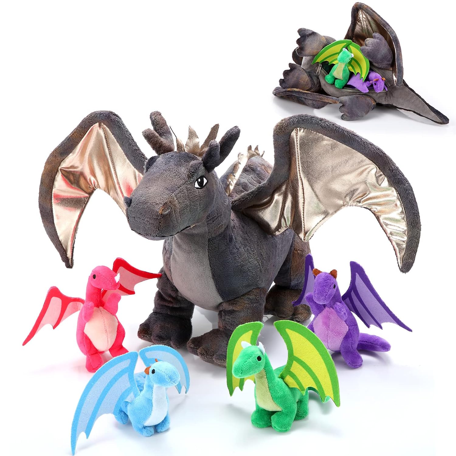 HyDren HyDren 5 Pcs Dragon Plush Toys Set Giant Dinosaur Stuffed Animal with Baby Dragons for Kids Easter Birthday Gifts Classroom Prizes Gray