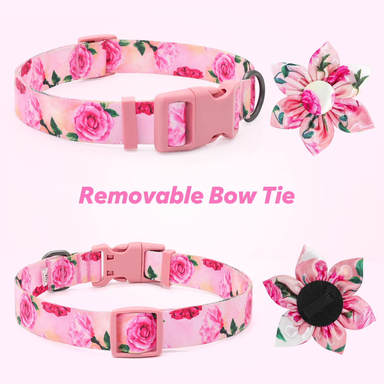 DQGHQME Floral Pink Dog Collar with Bow Tie for Cute Female Dogs and Cats Perfect for Spring and Summer for Small Medium Large Pets - View 3 of 6