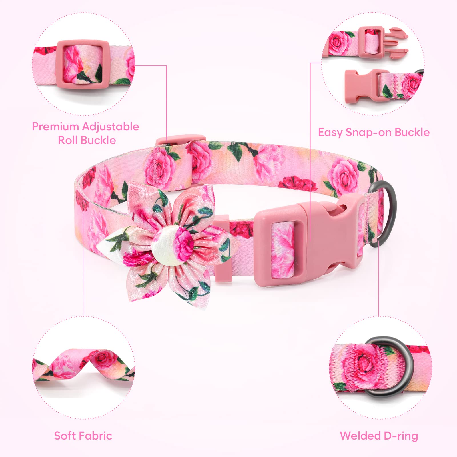 DQGHQME Floral Pink Dog Collar with Bow Tie for Cute Female Dogs and Cats Perfect for Spring and Summer for Small Medium Large Pets - View 4 of 6