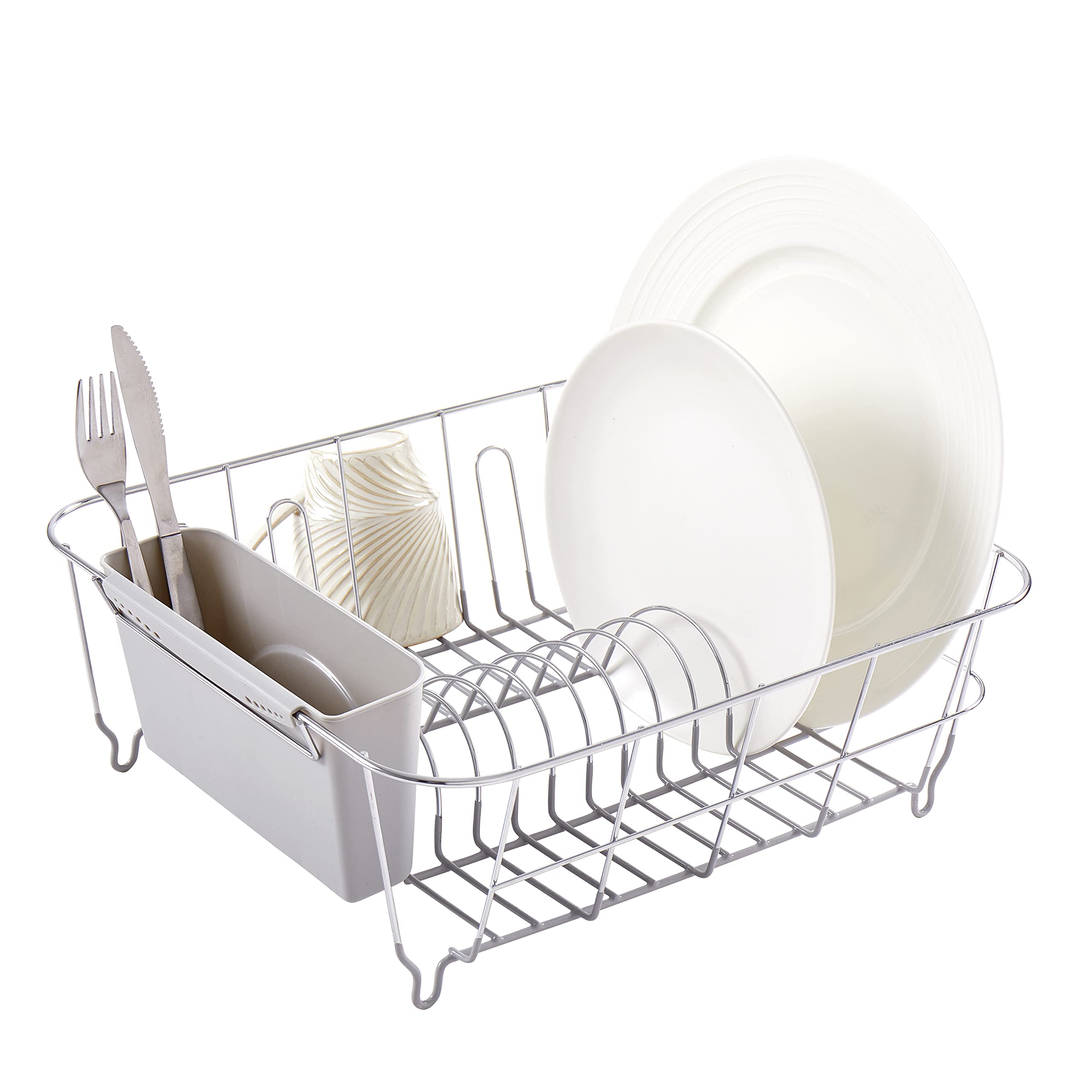 Compact Dish Drying Rack and Cutlery Holder Set Space-Saving Kitchen Organizer for Plates Cups Bowls and Utensils Silver