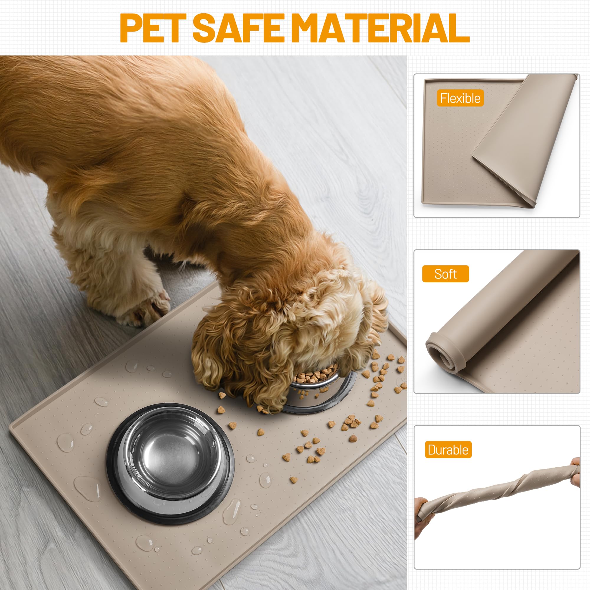 Hubulk Hubulk Dog Feeding Mat Waterproof Silicone Placemat with High Raised Edge Non-Slip Design for Food and Water Bowls 19x12 Taupe - View 5 of 7