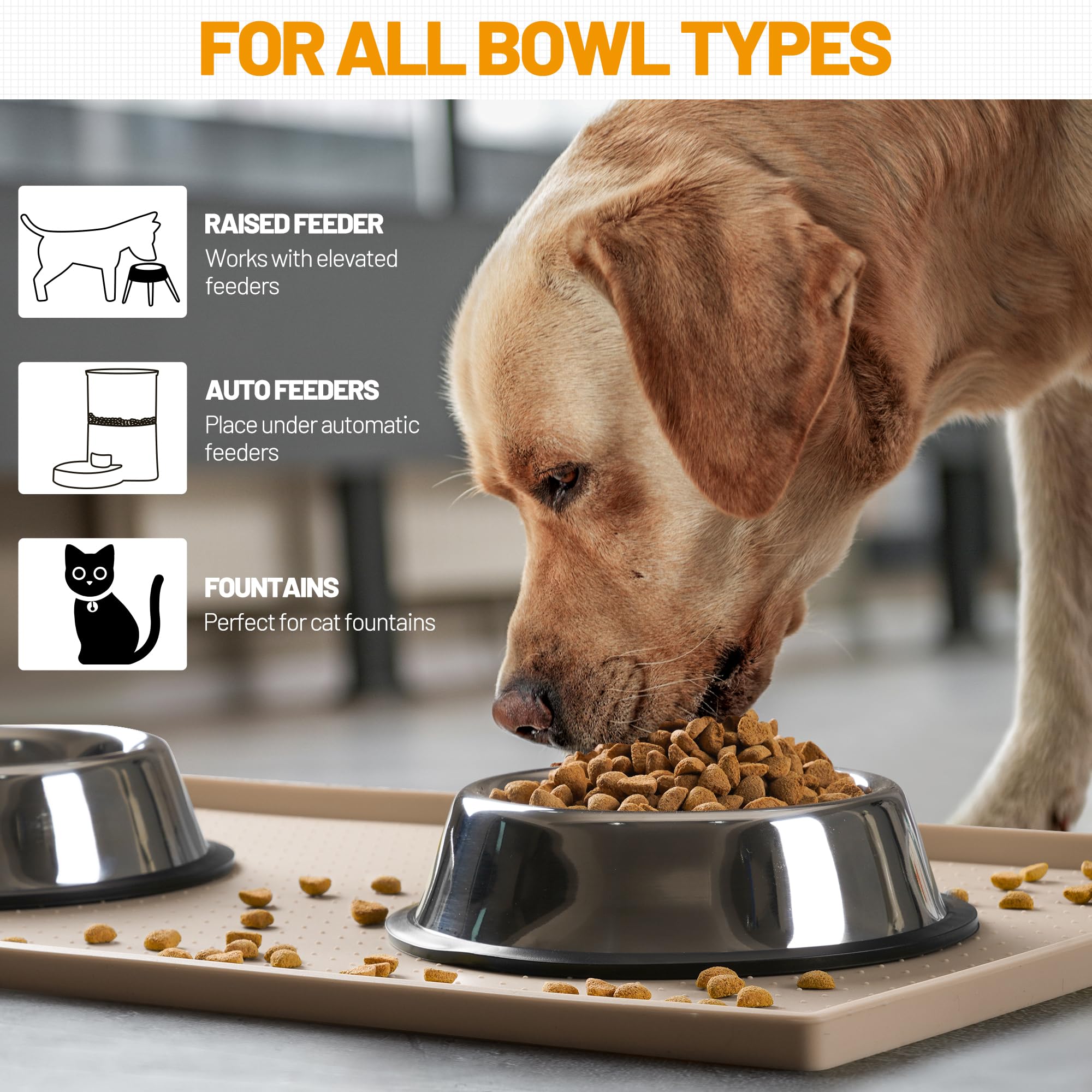 Hubulk Hubulk Dog Feeding Mat Waterproof Silicone Placemat with High Raised Edge Non-Slip Design for Food and Water Bowls 19x12 Taupe - View 6 of 7