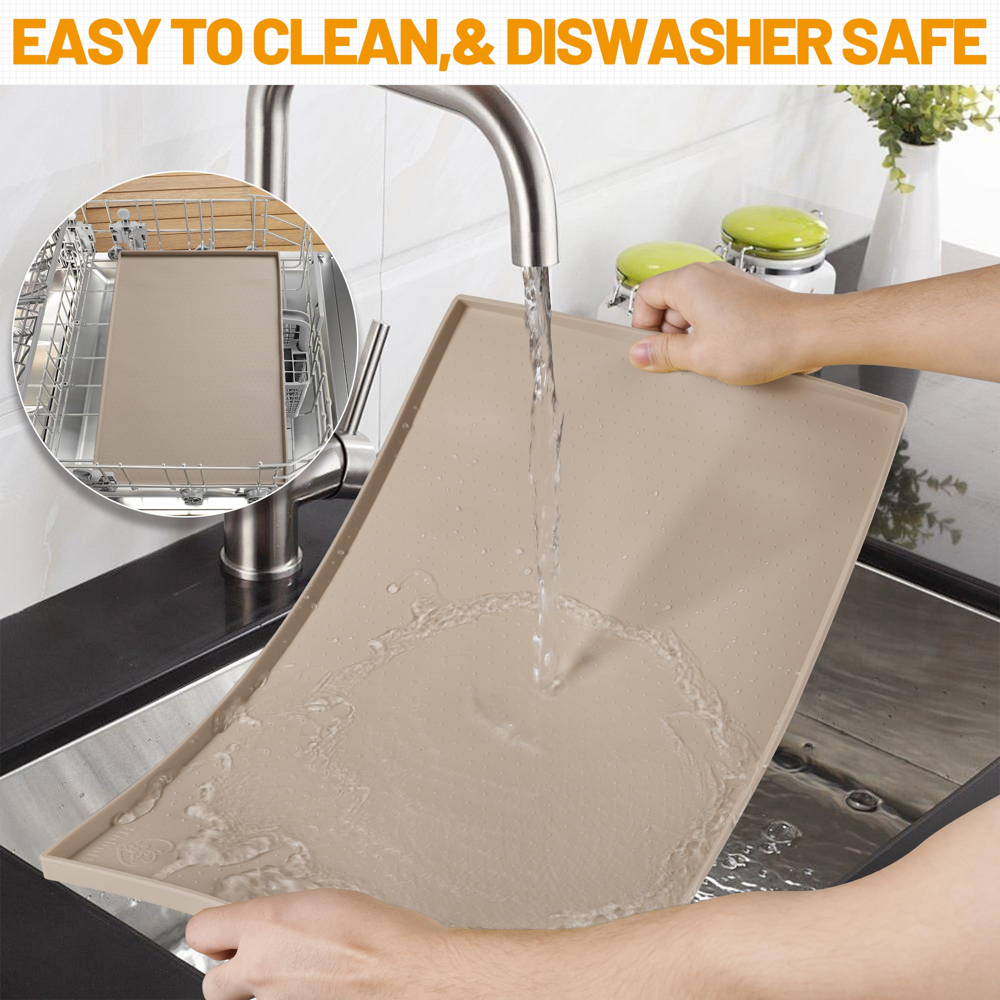 Hubulk Hubulk Dog Feeding Mat Waterproof Silicone Placemat with High Raised Edge Non-Slip Design for Food and Water Bowls 19x12 Taupe - View 7 of 7