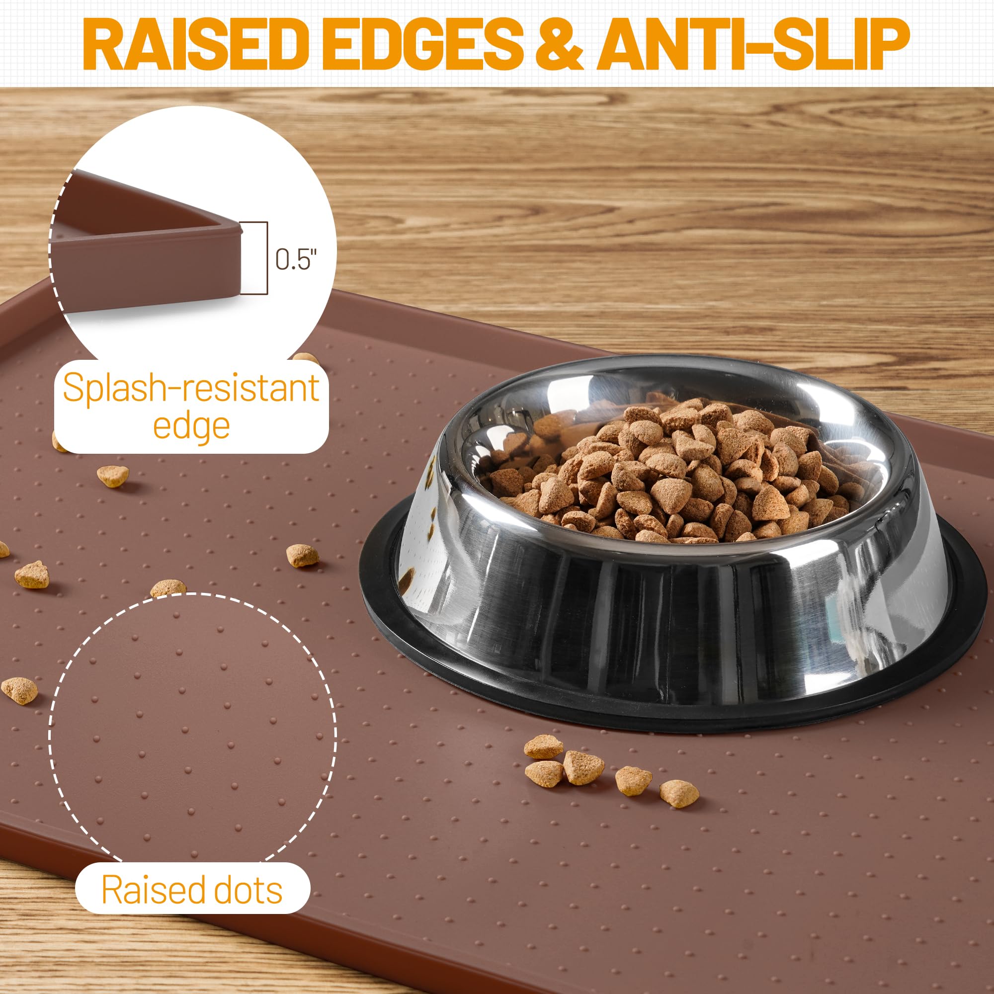 Hubulk Hubulk Dog Feeding Mat Waterproof Silicone Pet Bowl Placemat with High Raised Edge and Nonslip Design for Mess-Free Feeding 19x12 Brown - View 3 of 7