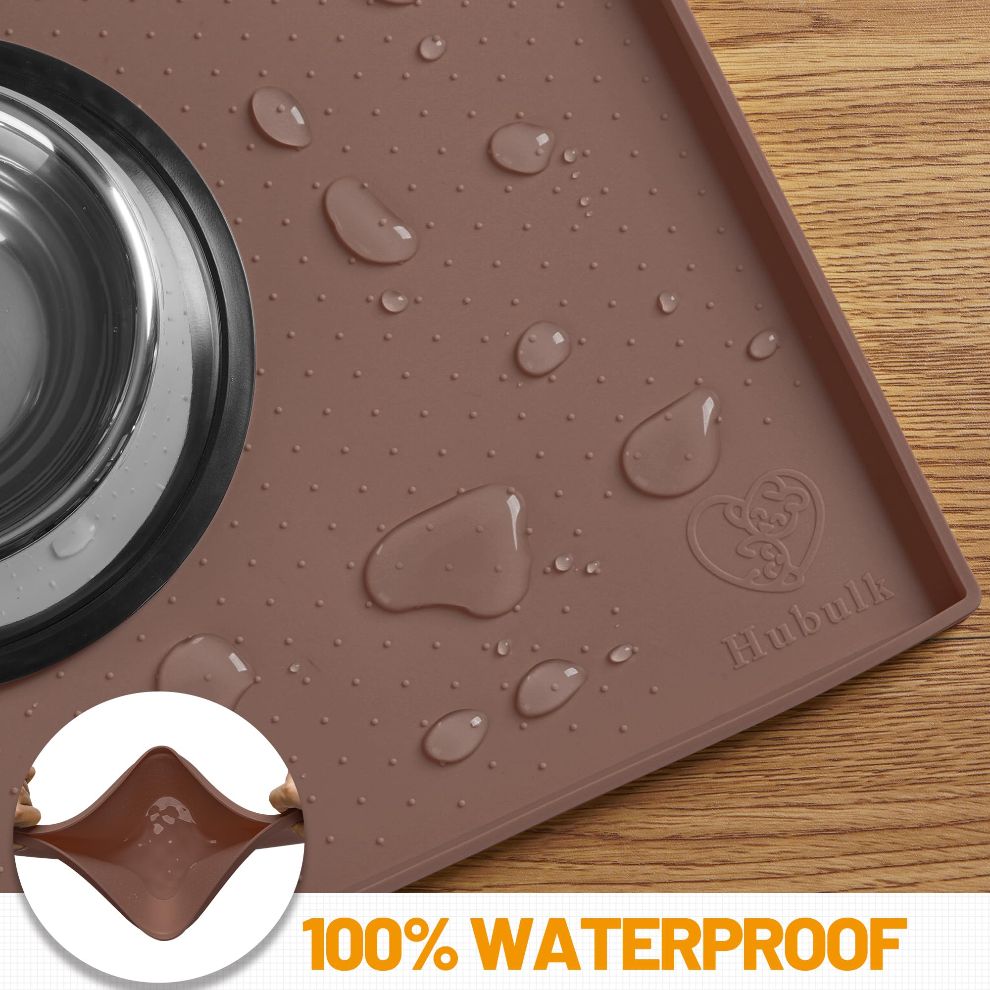 Hubulk Hubulk Dog Feeding Mat Waterproof Silicone Pet Bowl Placemat with High Raised Edge and Nonslip Design for Mess-Free Feeding 19x12 Brown - View 4 of 7