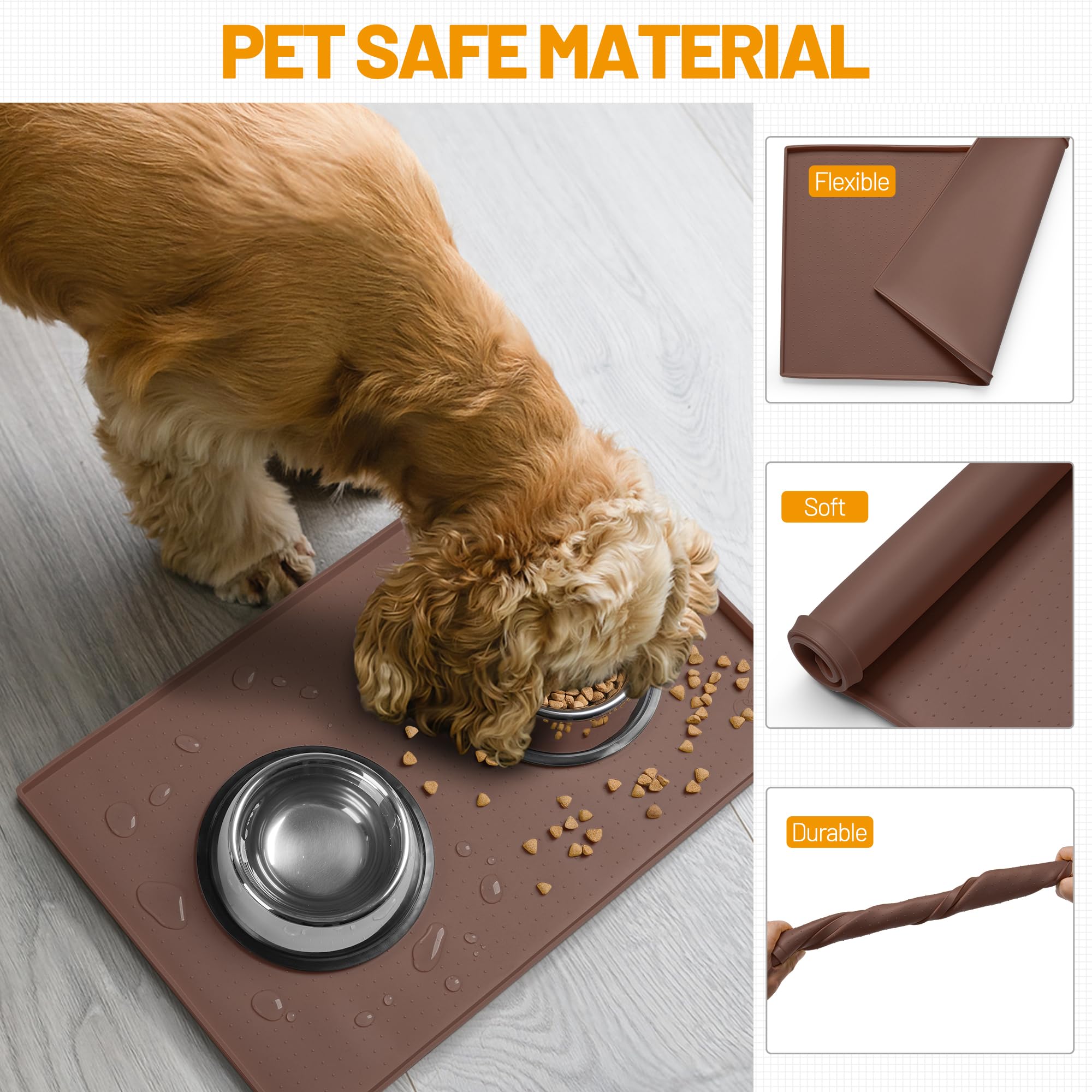 Hubulk Hubulk Dog Feeding Mat Waterproof Silicone Pet Bowl Placemat with High Raised Edge and Nonslip Design for Mess-Free Feeding 19x12 Brown - View 5 of 7
