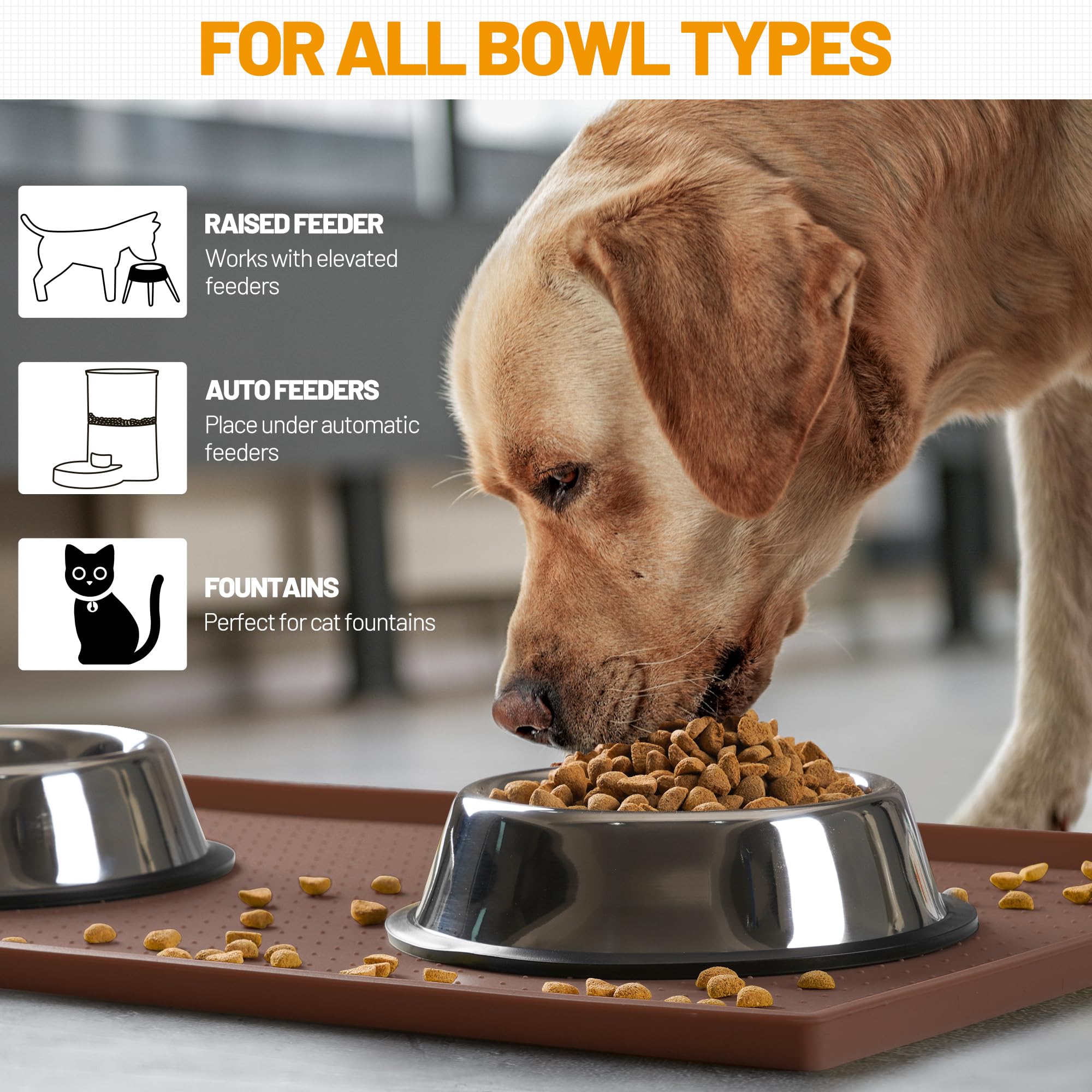 Hubulk Hubulk Dog Feeding Mat Waterproof Silicone Pet Bowl Placemat with High Raised Edge and Nonslip Design for Mess-Free Feeding 19x12 Brown - View 6 of 7