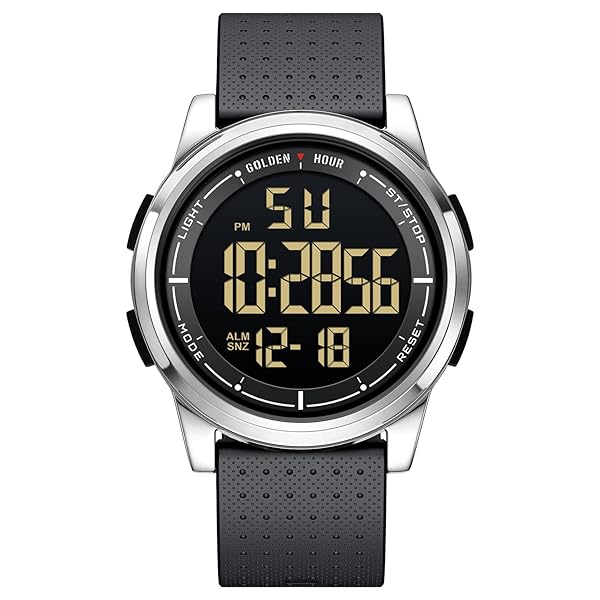 GOLDEN HOUR GOLDEN HOUR Ultra Thin Minimalist Sports Waterproof Digital Watch for Men and Women with Wide Angle Display Rubber Strap Silver Case