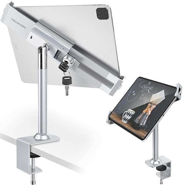 AboveTEK AboveTEK Anti Theft Locking Tablet Stand Holder - 360/320 POS Swivel - Lockable Tablet Security Stand Lock, Desktop Table Clamp Mount Fits 7 to 11 Inch iPad Fire Microsoft Galaxy Tab Google (Silver)