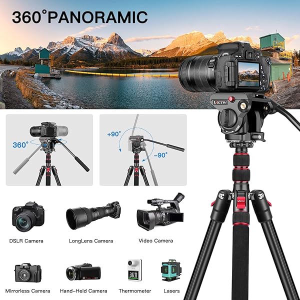 Victiv Tripod Camera Tripod, 72" Video Tripod with Fluid Head, Aluminum Heavy Duty Tripod with Carry Bag, Professional Camera Tripods & Monopods, Compatible with Video Camera, DSLR, Camcorder - View 6 of 11
