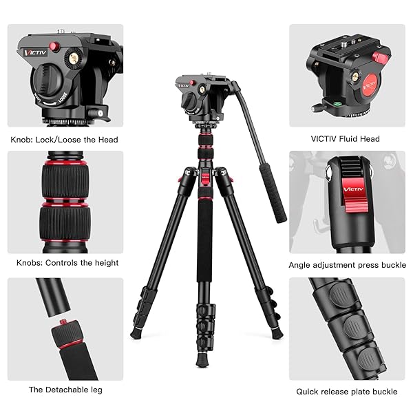 Victiv Tripod Camera Tripod, 72" Video Tripod with Fluid Head, Aluminum Heavy Duty Tripod with Carry Bag, Professional Camera Tripods & Monopods, Compatible with Video Camera, DSLR, Camcorder - View 9 of 11