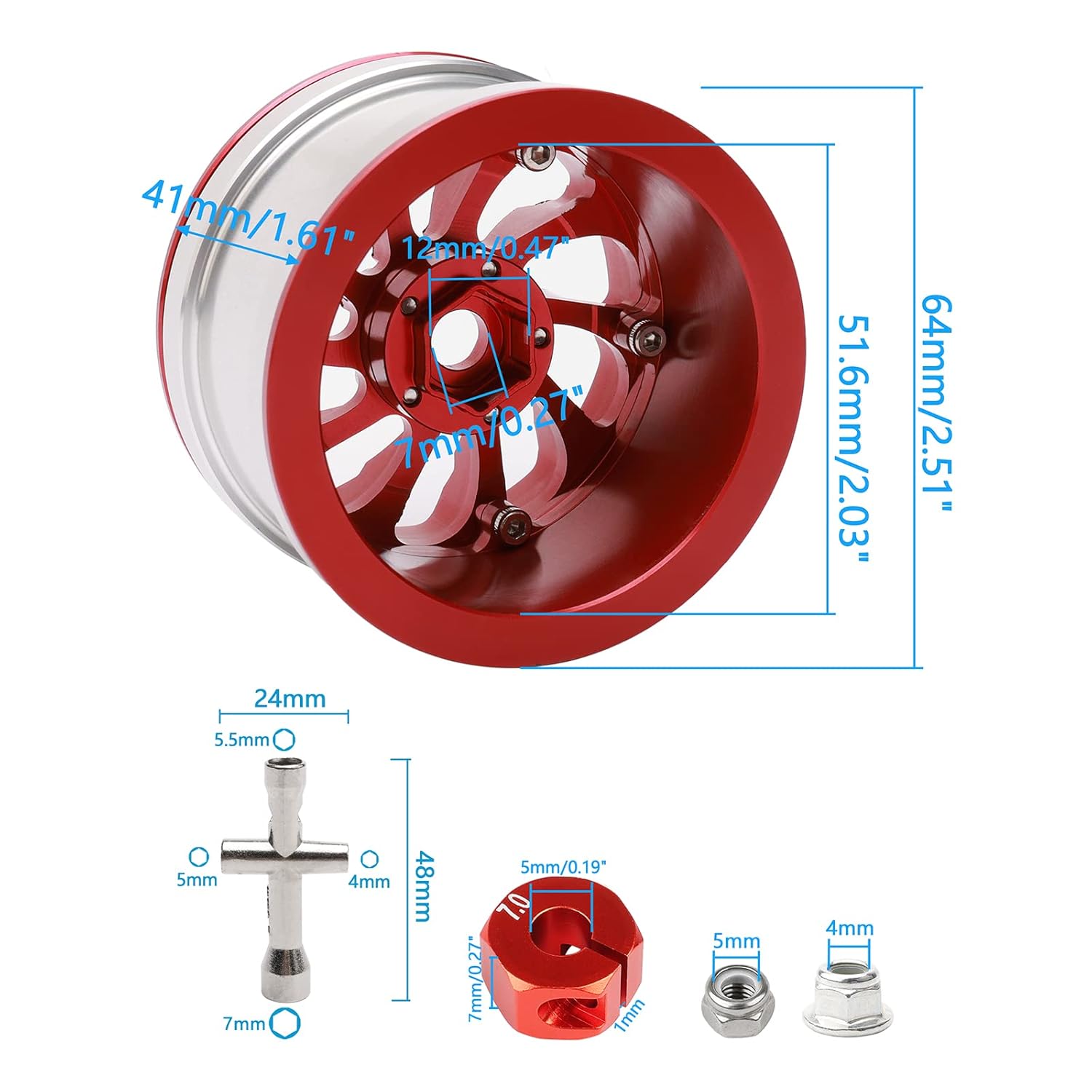 Rchobbytop Rchobbytop 4PCS Aluminum 2.2 Inch Beadlock Wheel Rims for 1/10 RC Crawler Truck Red and Silver - View 3 of 6