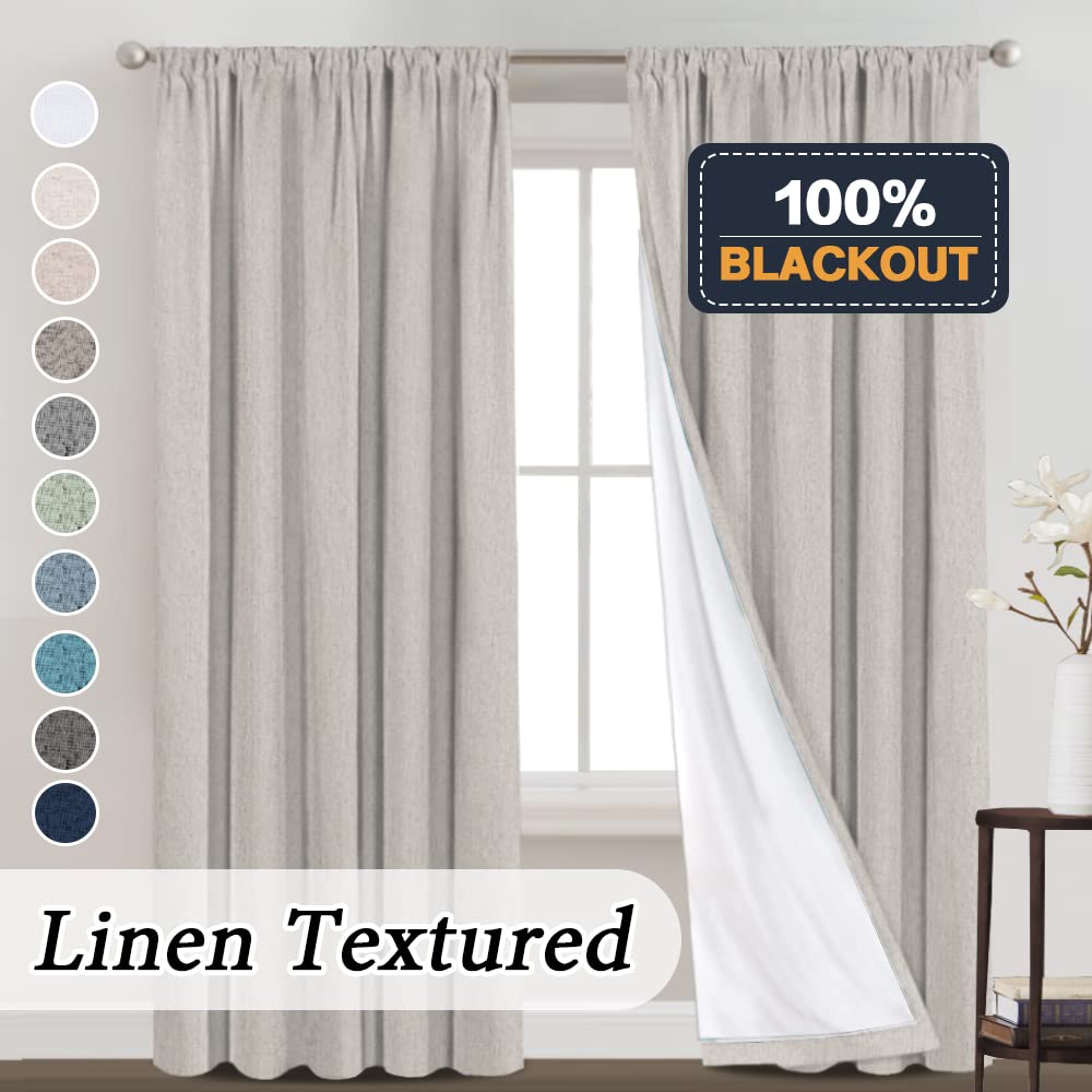 PrinceDeco PrinceDeco 100 Blackout Curtains 95 Inch Long Rod Pocket Primitive Linen Textured Drapes with White Liner for Bedroom 2 Panels Stone - View 3 of 9