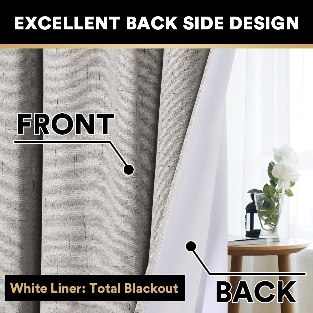 PrinceDeco PrinceDeco 100 Blackout Curtains 95 Inch Long Rod Pocket Primitive Linen Textured Drapes with White Liner for Bedroom 2 Panels Stone - View 6 of 9