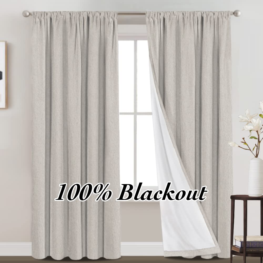 PrinceDeco PrinceDeco 100 Blackout Curtains 95 Inch Long Rod Pocket Primitive Linen Textured Drapes with White Liner for Bedroom 2 Panels Stone - View 9 of 9