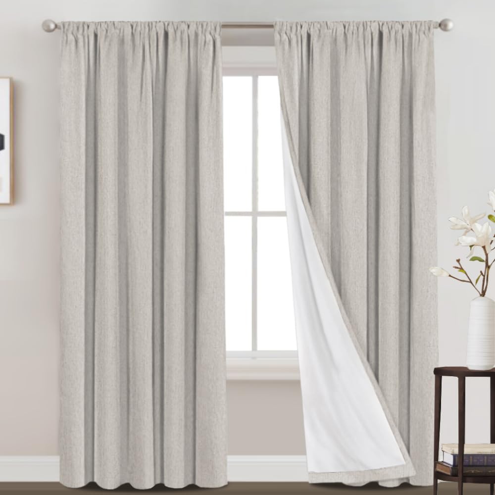 PrinceDeco PrinceDeco 100 Blackout Curtains 95 Inch Long Rod Pocket Primitive Linen Textured Drapes with White Liner for Bedroom 2 Panels Stone