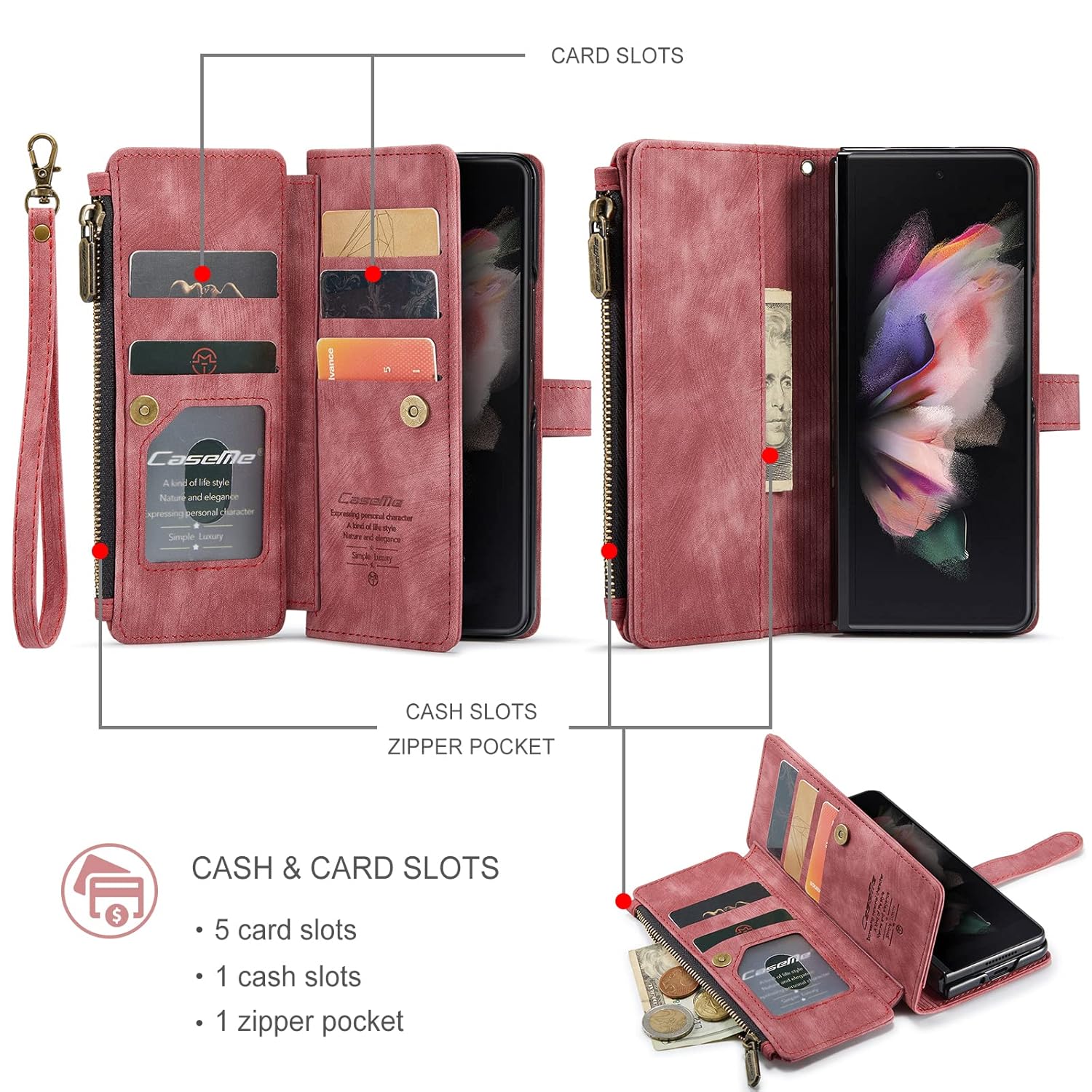 Lxisxcna Samsung Galaxy Z Fold 4 5G Leather Wallet Case with Card Holder Kickstand Magnetic Zipper Pocket Lanyard Strap Wristlet Red - View 3 of 7