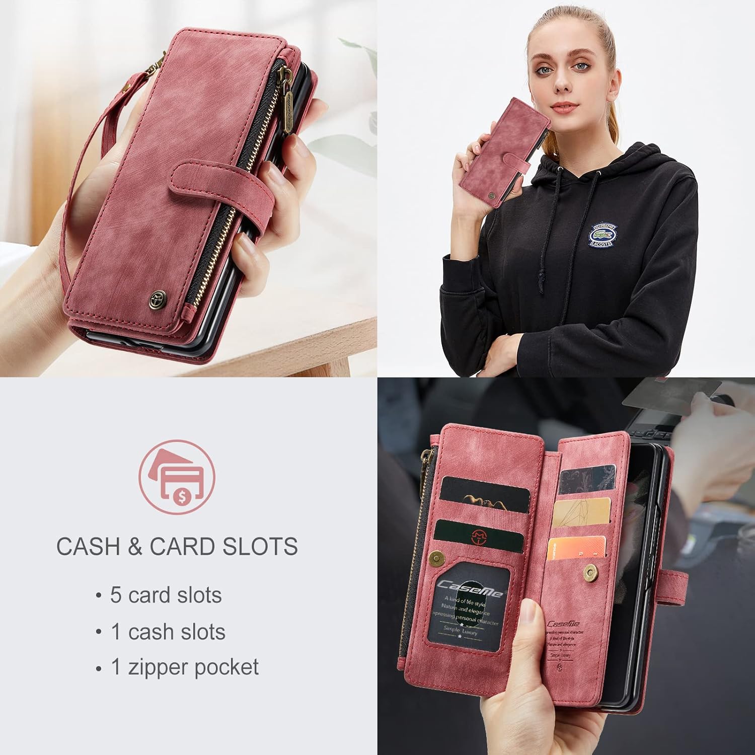 Lxisxcna Samsung Galaxy Z Fold 4 5G Leather Wallet Case with Card Holder Kickstand Magnetic Zipper Pocket Lanyard Strap Wristlet Red - View 5 of 7