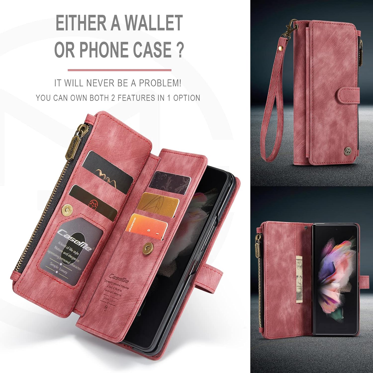 Lxisxcna Samsung Galaxy Z Fold 4 5G Leather Wallet Case with Card Holder Kickstand Magnetic Zipper Pocket Lanyard Strap Wristlet Red - View 6 of 7