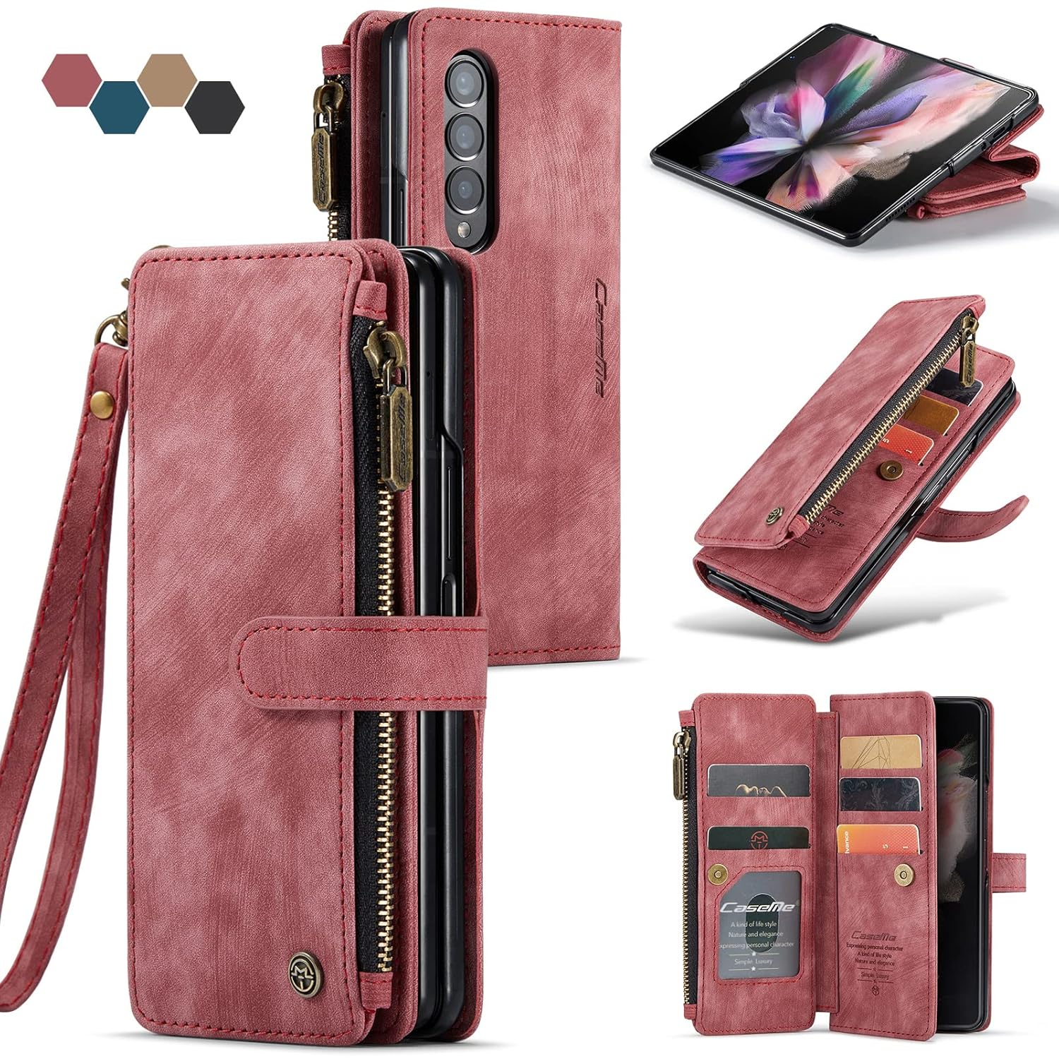 Lxisxcna Samsung Galaxy Z Fold 4 5G Leather Wallet Case with Card Holder Kickstand Magnetic Zipper Pocket Lanyard Strap Wristlet Red
