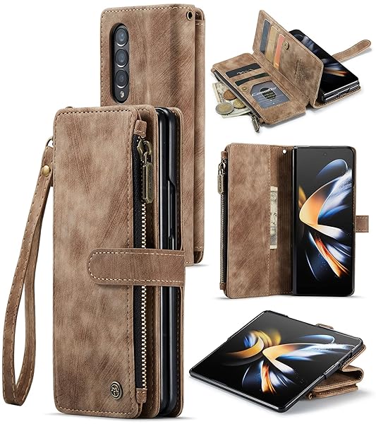 Lxisxcna Samsung Galaxy Z Fold 4 5G Wallet Case: Leather Flip with Card Holder, Kickstand & Zipper Pocket (Brown)