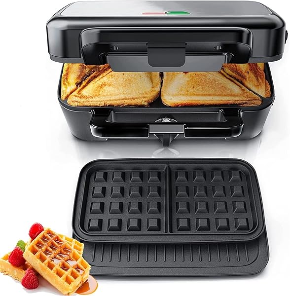 FOHERE FOHERE 3 in 1 Waffle Maker Sandwich Maker 1200W Panini Press Non-stick Easy Clean with Removable Plates and Temperature Control Silver Black