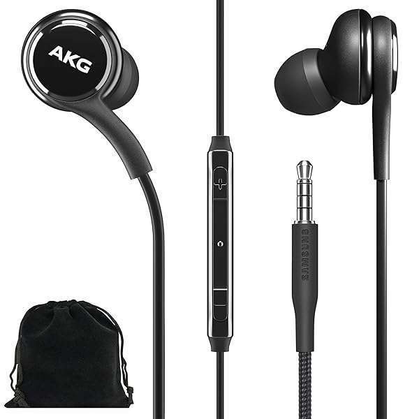 Samsung AKG 3.5mm In-Ear Headphones with Mic for Galaxy A71, S10, Note 10 - Braided & Velvet Pouch - Black